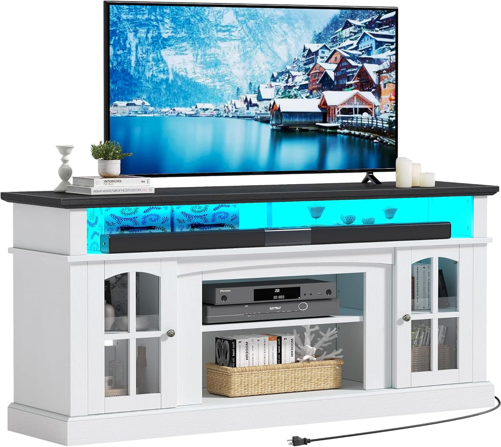 LED Farmhouse TV Stand for TV up to 75" w/Outlets, Highboy Media Entertainment Center Console Table Adjustable Storage Shelves &Cabinet Glass Door for 400lbs for Living Room