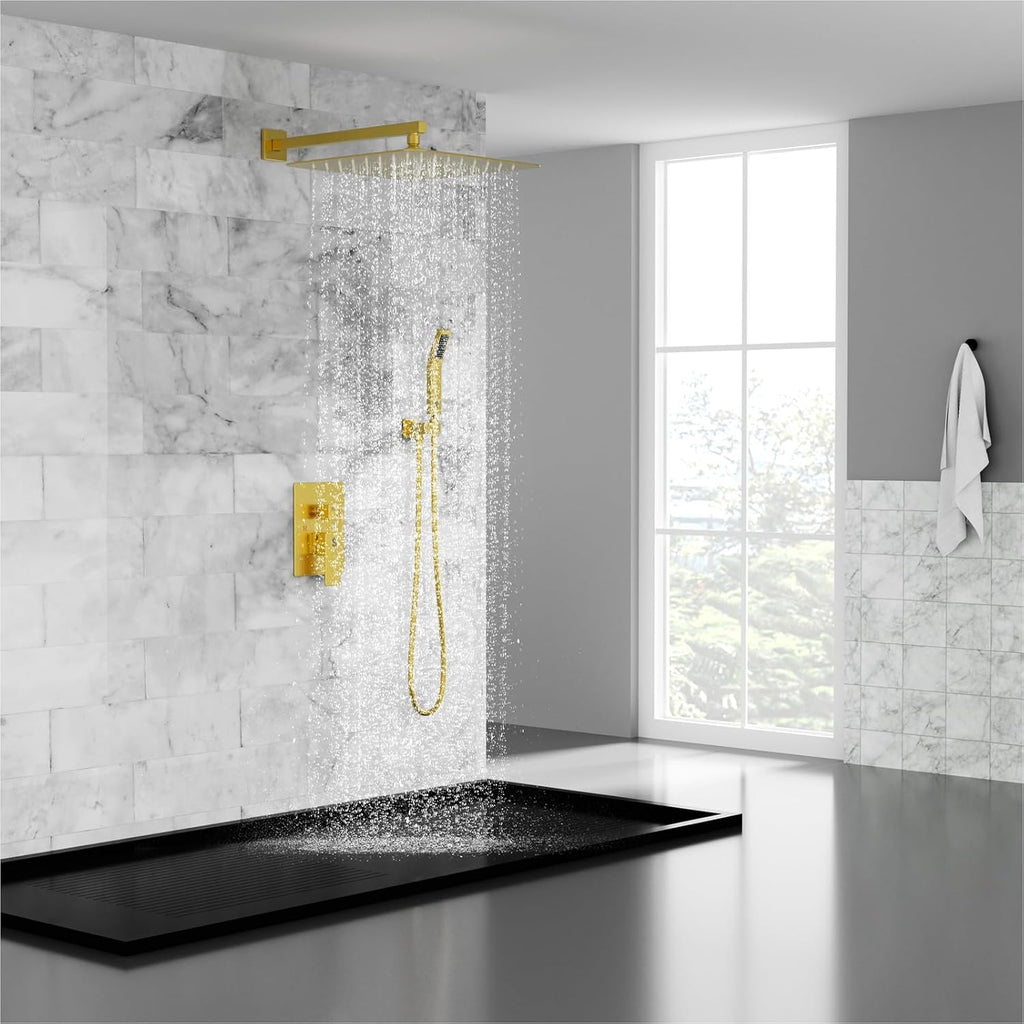 SR SUN RISE 12 Inches Matte Black Shower System 12 Inch Brass Bathroom Luxury Rain Mixer Shower Combo Set Wall Mounted Rainfall Shower Head System Shower Faucet Rough-in Valve Body and Trim Included