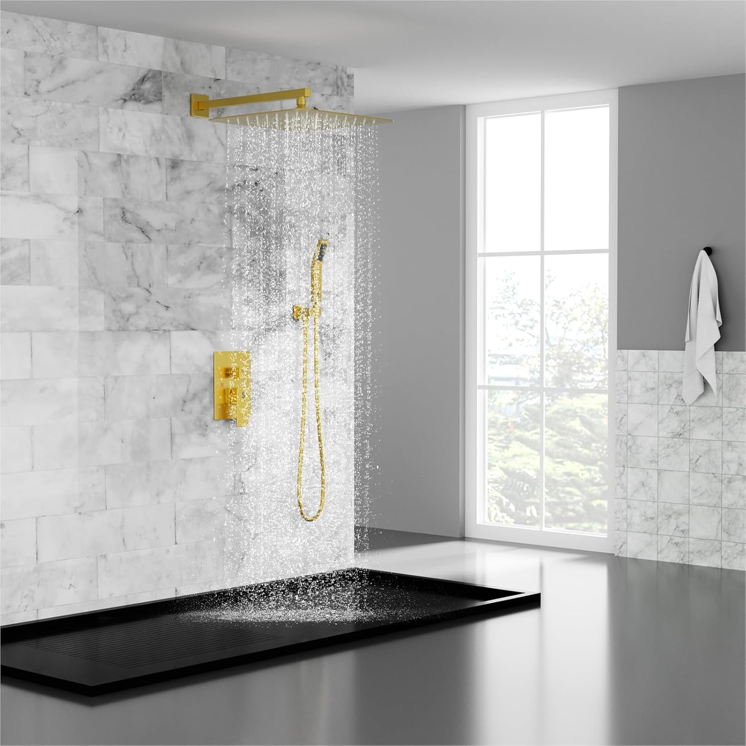 SR SUN RISE 12 Inches Matte Black Shower System 12 Inch Brass Bathroom Luxury Rain Mixer Shower Combo Set Wall Mounted Rainfall Shower Head System Shower Faucet Rough-in Valve Body and Trim Included