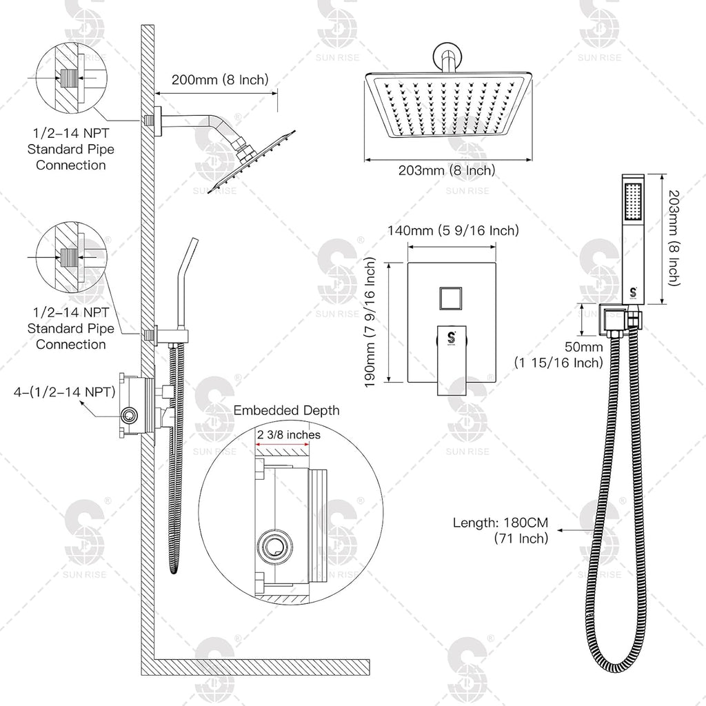 SR SUN RISE 12 Inches Matte Black Shower System 12 Inch Brass Bathroom Luxury Rain Mixer Shower Combo Set Wall Mounted Rainfall Shower Head System Shower Faucet Rough-in Valve Body and Trim Included
