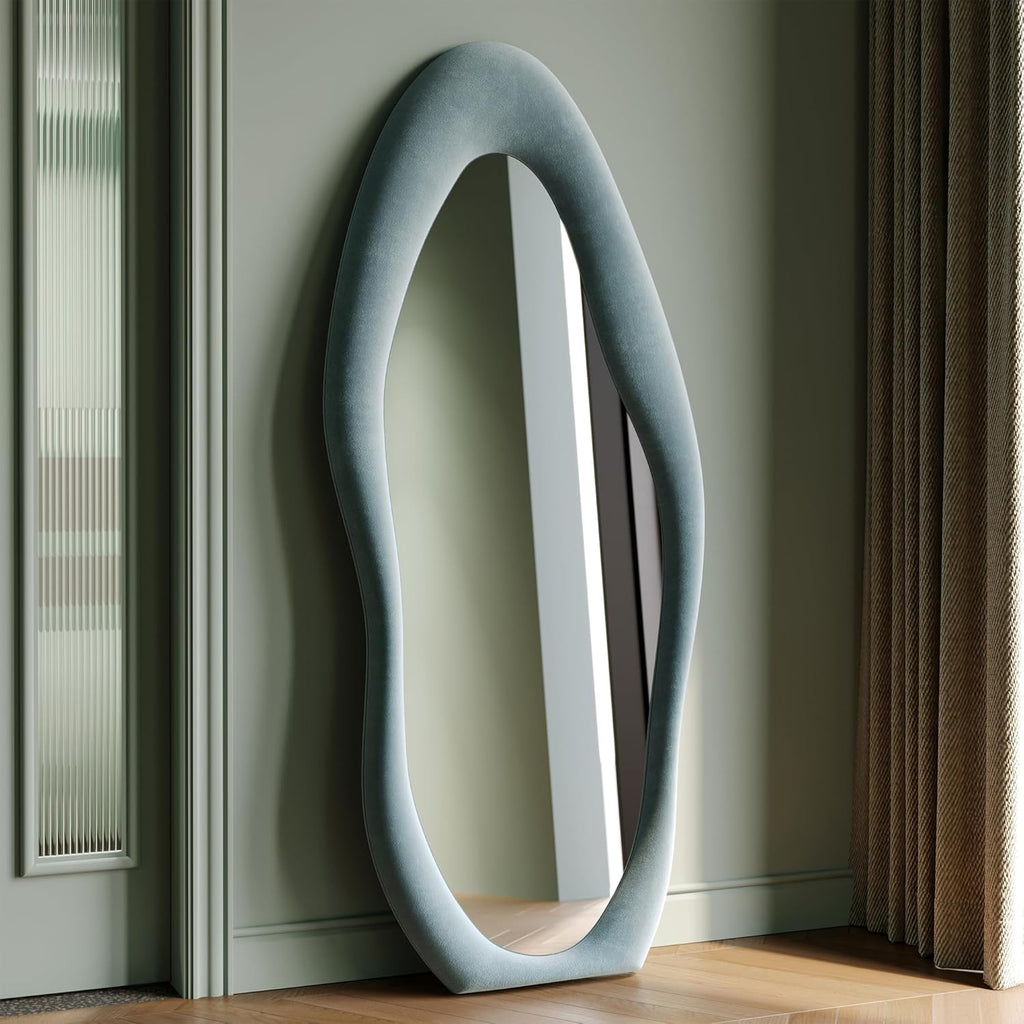 Honyee Full Length Mirror, 63" x 24" Wall Mirror, Flannel Wrapped Wooden Frame Full Body Mirror, Irregular Wavy Mirror Hanging or Leaning Against Wall for Cloakroom/Bedroom/Living Room, Ivory White