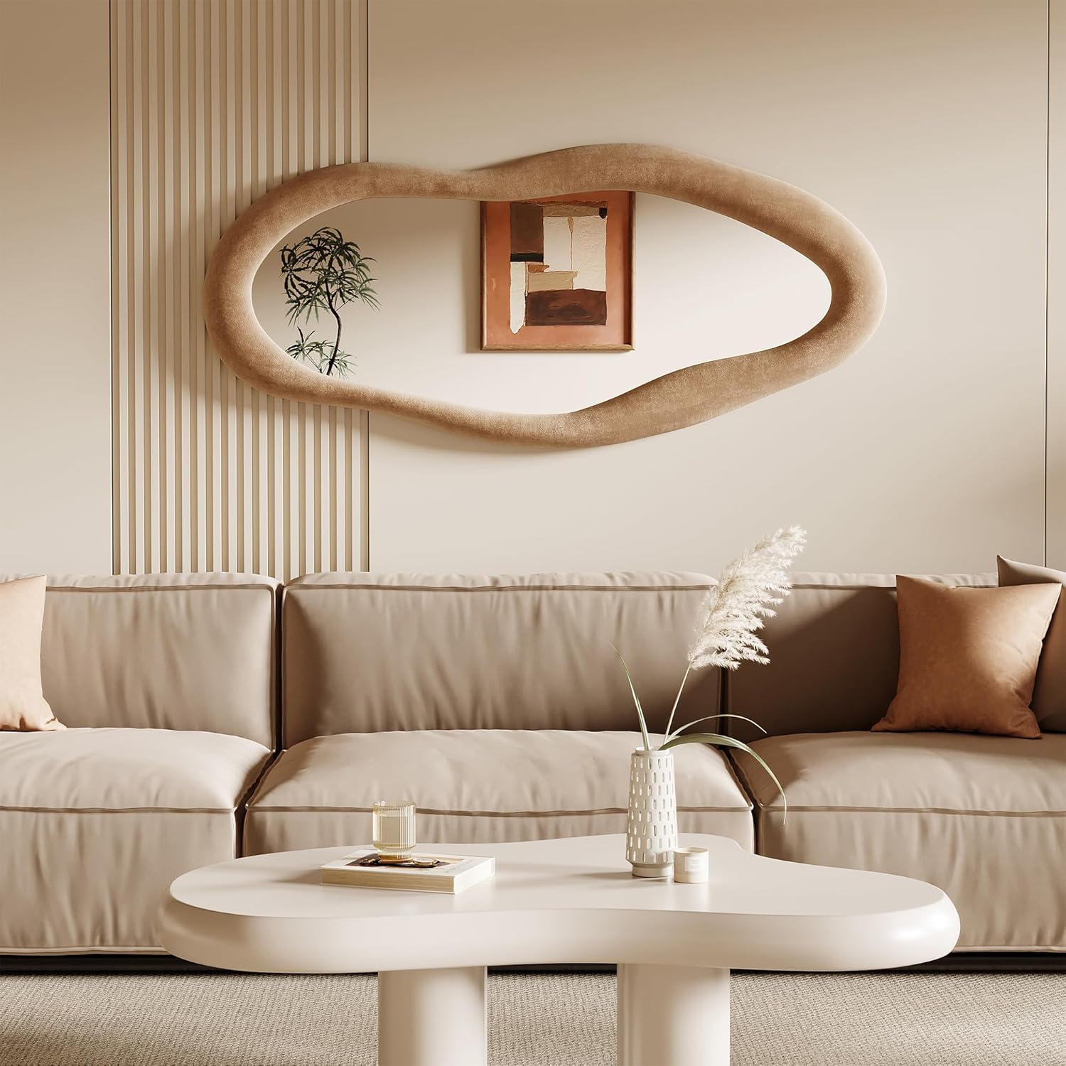 Honyee Full Length Mirror, 63" x 24" Wall Mirror, Flannel Wrapped Wooden Frame Full Body Mirror, Irregular Wavy Mirror Hanging or Leaning Against Wall for Cloakroom/Bedroom/Living Room, Ivory White