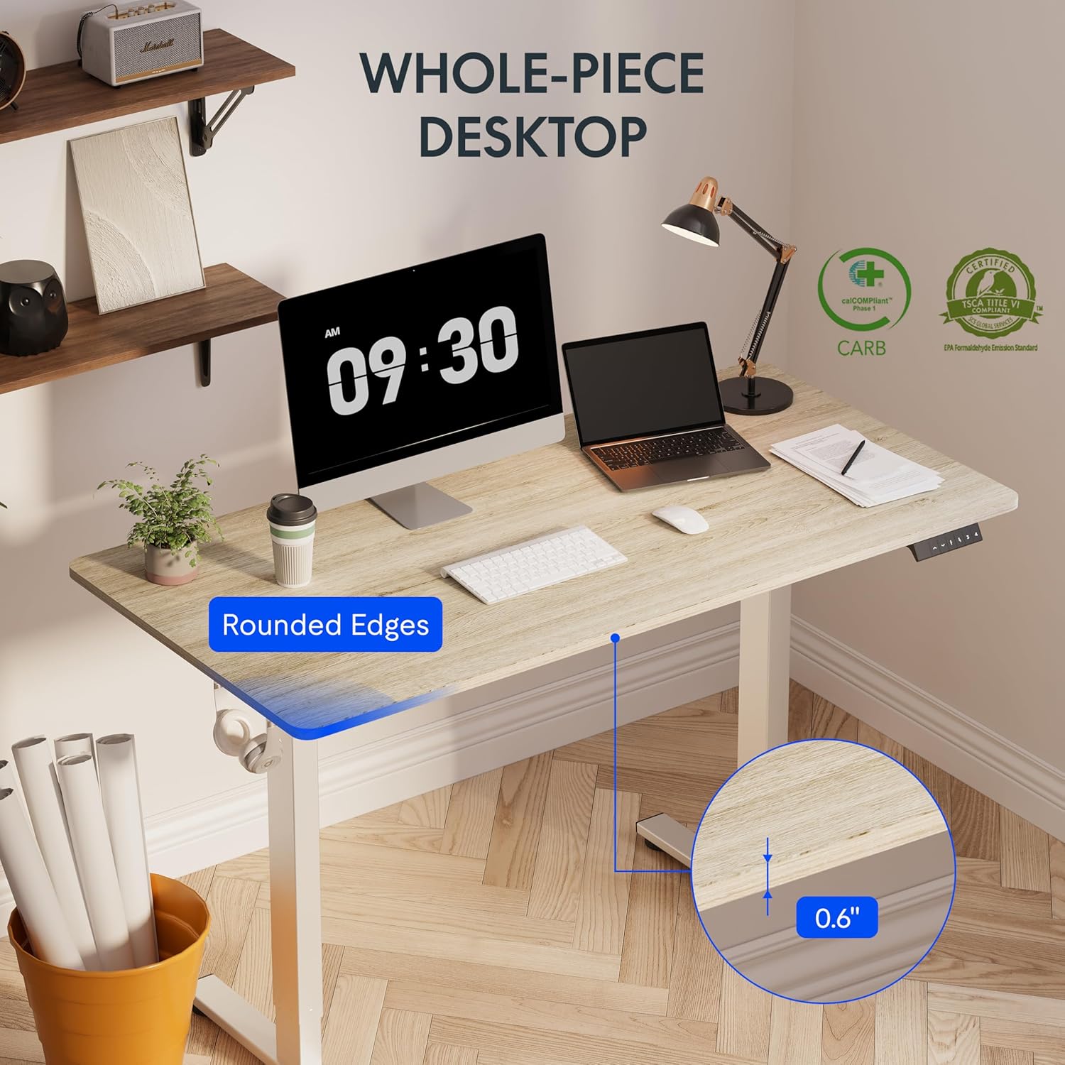 FLEXISPOT EN1 One-Piece Standing Desk 55 x 28 Inch Electric Adjustable Height Desk for Home Office and Computer Workstation (White Frame + 55" Maple Top, 2 Packages)