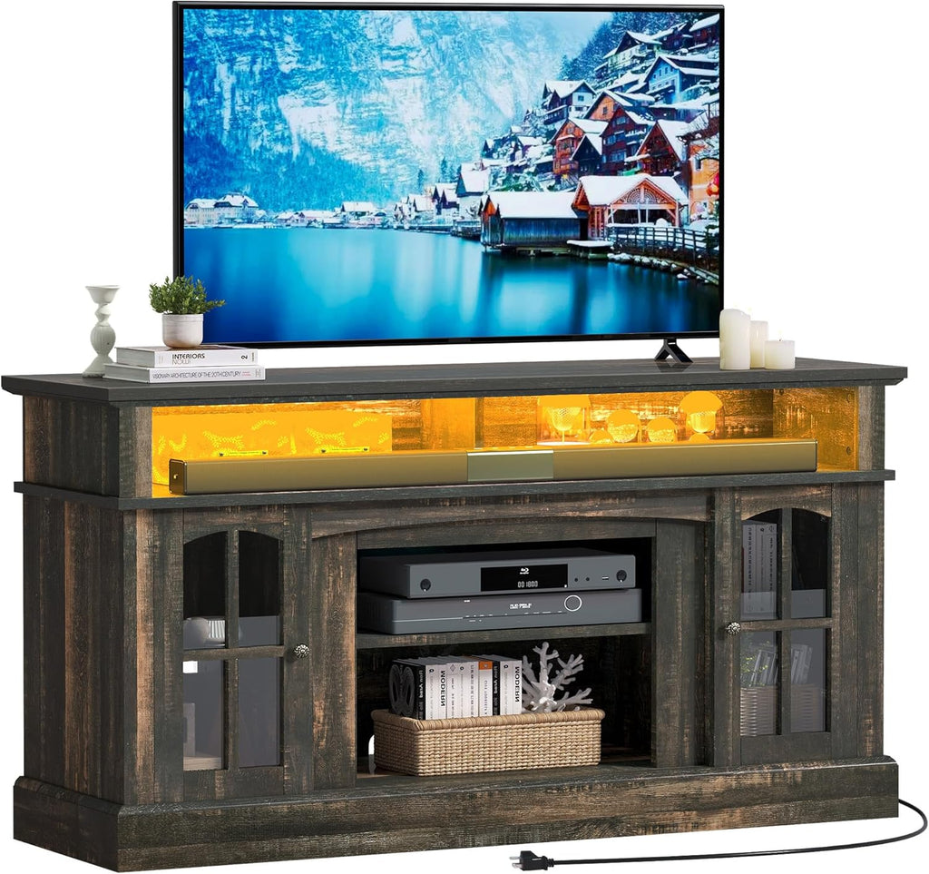 LED Farmhouse TV Stand for TV up to 75" w/Outlets, Highboy Media Entertainment Center Console Table Adjustable Storage Shelves &Cabinet Glass Door for 400lbs for Living Room