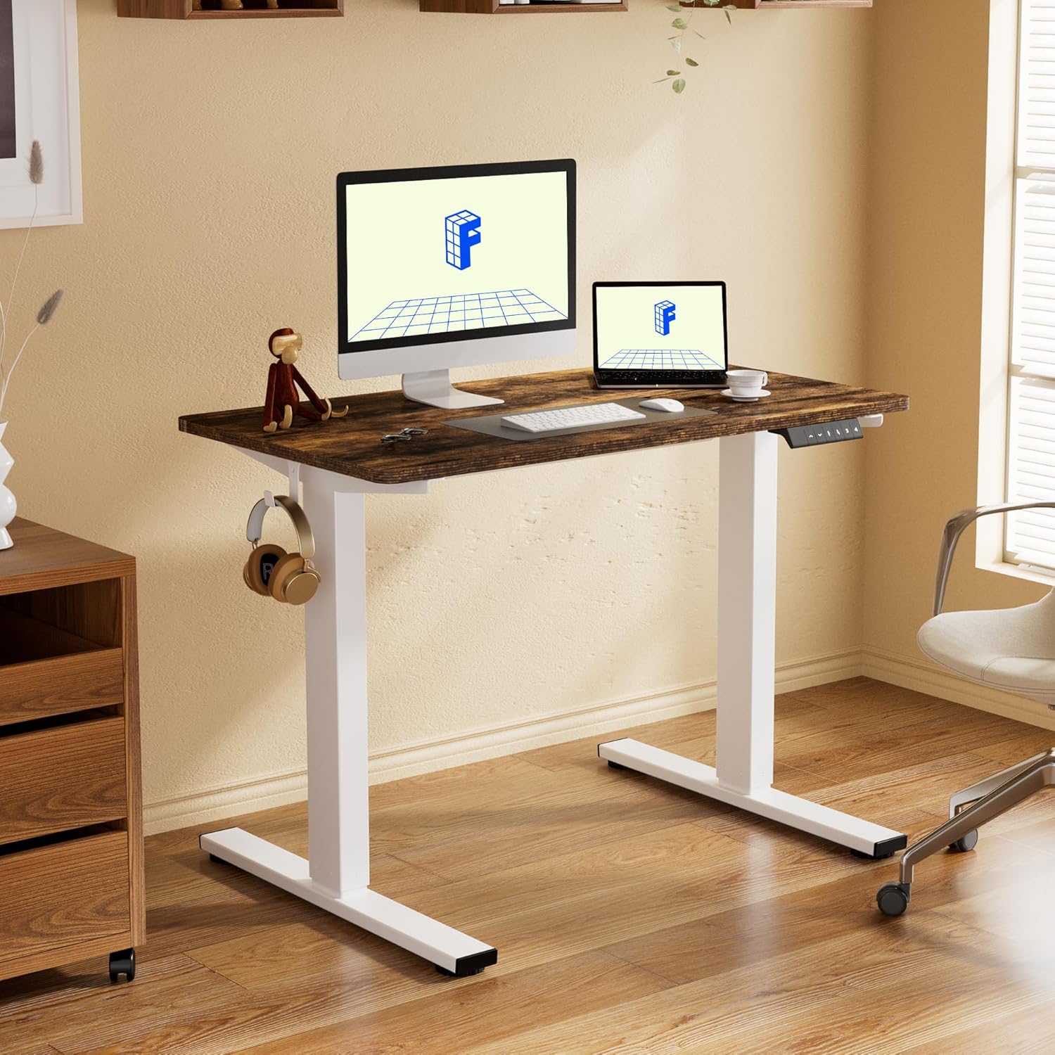 FLEXISPOT EN1 One-Piece Standing Desk 55 x 28 Inch Electric Adjustable Height Desk for Home Office and Computer Workstation (White Frame + 55" Maple Top, 2 Packages)