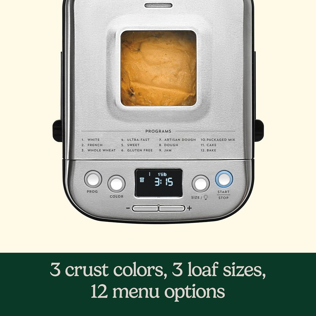 Cuisinart Convection Bread Maker Machine-16 Menu Options, 3 Loaf Sizes up to 2lbs, 3 Crust Colors-Includes Measuring Cup + Spoon & Kneading Hook, CBK-210, 12.25" x 8.85" x 13", Stainless Steel
