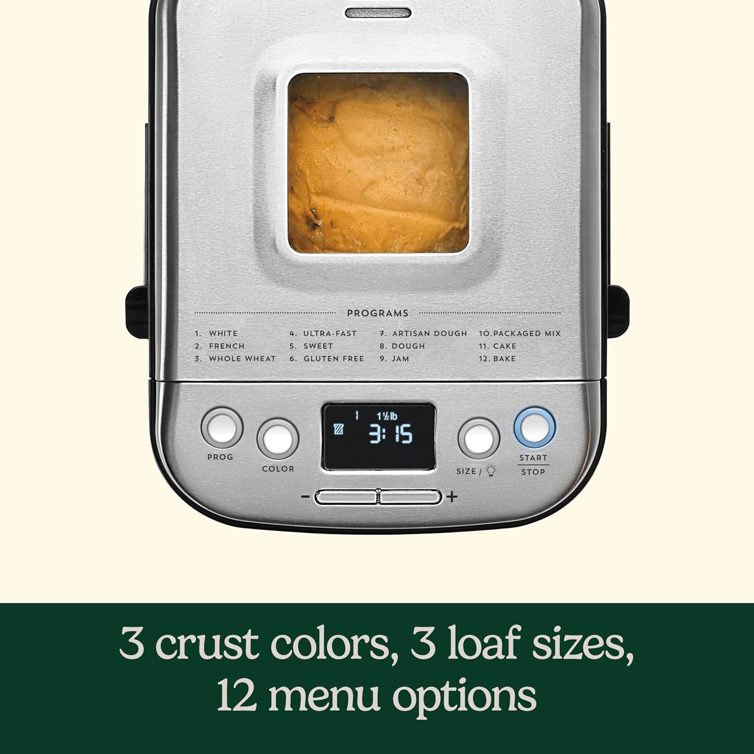 Cuisinart Convection Bread Maker Machine-16 Menu Options, 3 Loaf Sizes up to 2lbs, 3 Crust Colors-Includes Measuring Cup + Spoon & Kneading Hook, CBK-210, 12.25" x 8.85" x 13", Stainless Steel