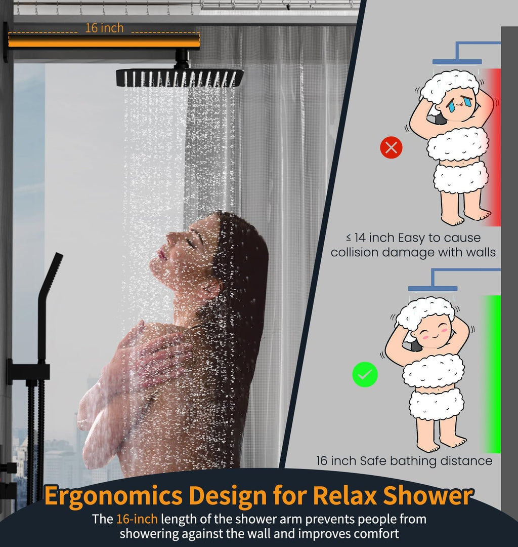 SR SUN RISE 12 Inches Matte Black Shower System 12 Inch Brass Bathroom Luxury Rain Mixer Shower Combo Set Wall Mounted Rainfall Shower Head System Shower Faucet Rough-in Valve Body and Trim Included