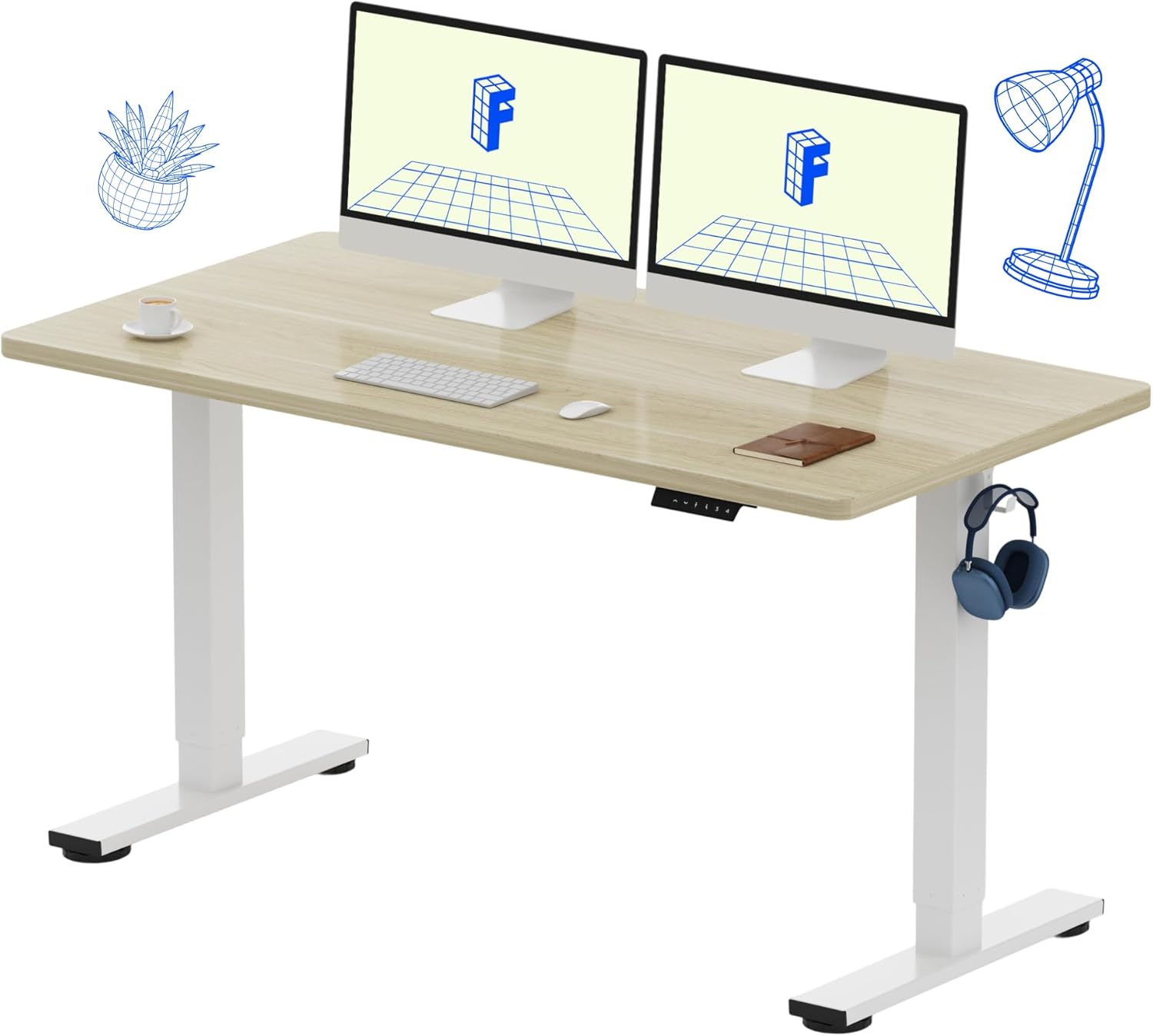 FLEXISPOT EN1 One-Piece Standing Desk 55 x 28 Inch Electric Adjustable Height Desk for Home Office and Computer Workstation (White Frame + 55" Maple Top, 2 Packages)