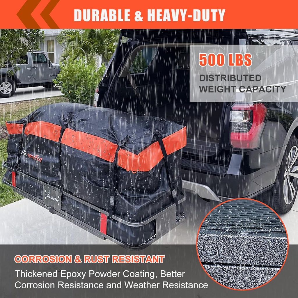 MeeFar High Rail Trailer Folding Hitch Mount Cargo Carrier Basket 60" X 24" X 14"+Waterproof Cargo Bag 20 cu ft(59" 24" 24"), Capacity of 500 Lbs with Hitch Stabilizer, Net, Lock and Straps