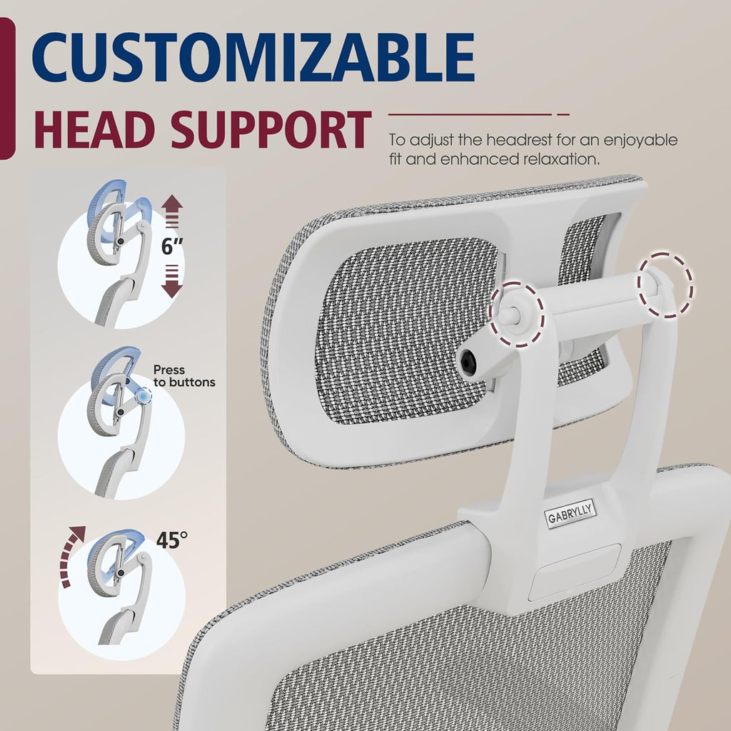 GABRYLLY Ergonomic Office Chair, High Back Home Desk Chair with Headrest, Flip-Up Arms, 90-120° Tilt Lock and Wide Cushion, Big and Tall Mesh Chairs for Man Woman, Grey Task Chair