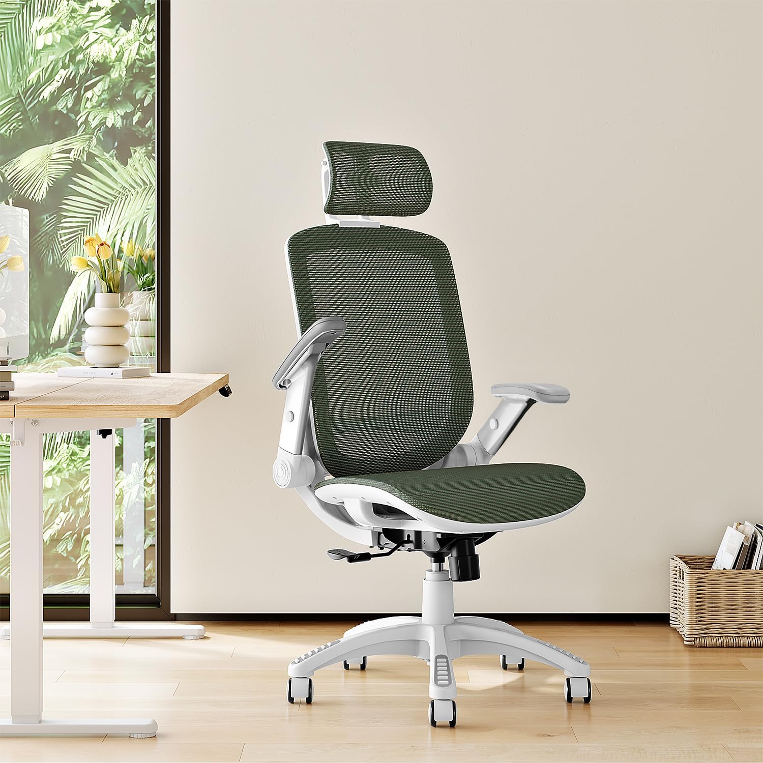 GABRYLLY Ergonomic Office Chair, High Back Home Desk Chair with Headrest, Flip-Up Arms, 90-120° Tilt Lock and Wide Cushion, Big and Tall Mesh Chairs for Man Woman, Grey Task Chair