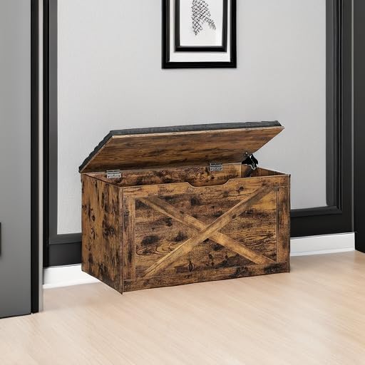 VASAGLE Shoe Bench, Storage Bench with Cupboard and 9 Open Compartments, Shoe Shelf, Padded Seat, Barn Door, 11.8 x 43.3 x 18.9 Inches, Rustic Brown ULHS058X01