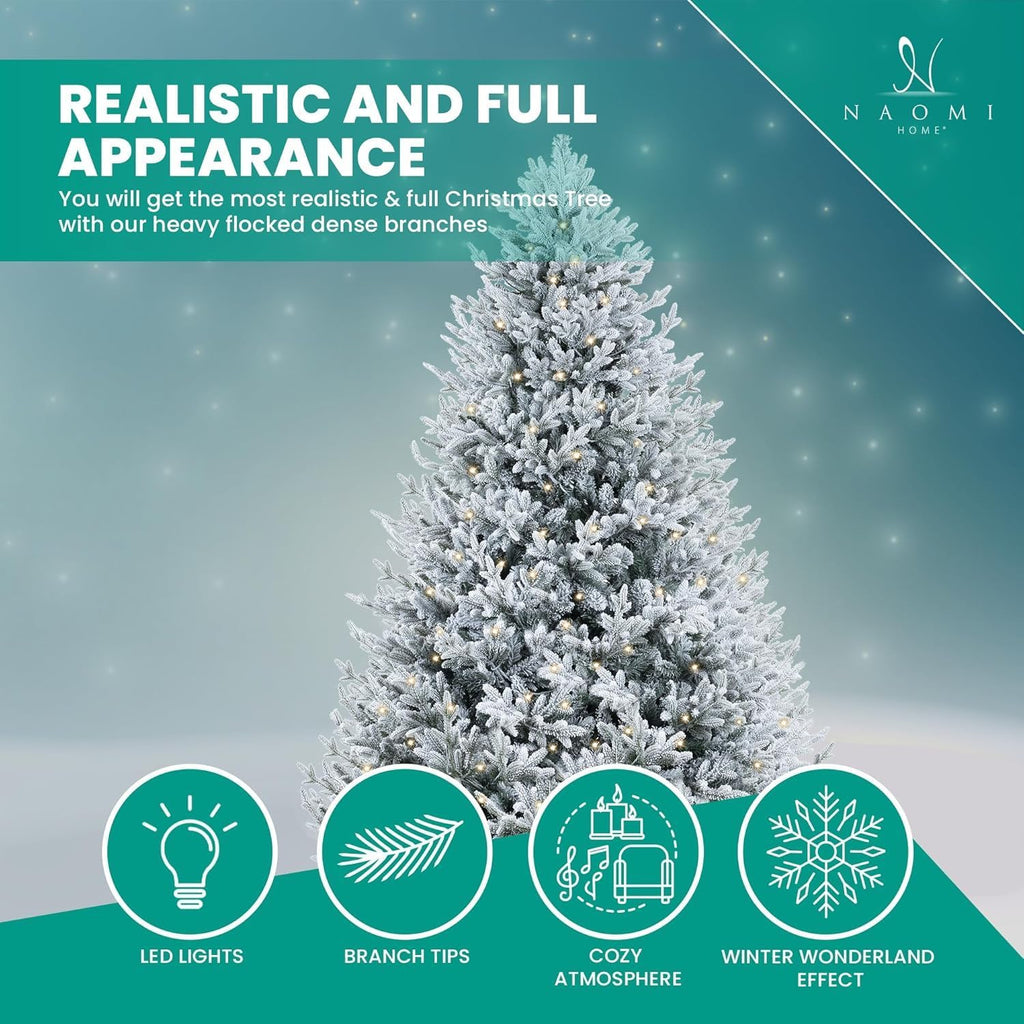 Naomi Home 6.5ft Rustic Christmas Tree with Lights, Realistic Classic Prelit with 2595 Branch Tips, 600 Warm Lights and Metal Stand, Aritificial Tree