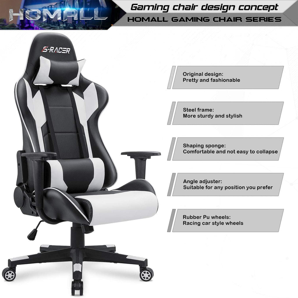 Homall Gaming Chair, Office Chair High Back Computer Chair Leather Desk Chair Racing Executive Ergonomic Adjustable Swivel Task Chair with Headrest and Lumbar Support (Dark Black)