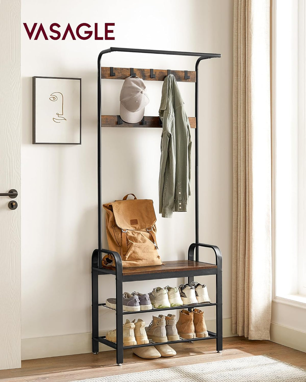 VASAGLE Shoe Bench, Storage Bench with Cupboard and 9 Open Compartments, Shoe Shelf, Padded Seat, Barn Door, 11.8 x 43.3 x 18.9 Inches, Rustic Brown ULHS058X01