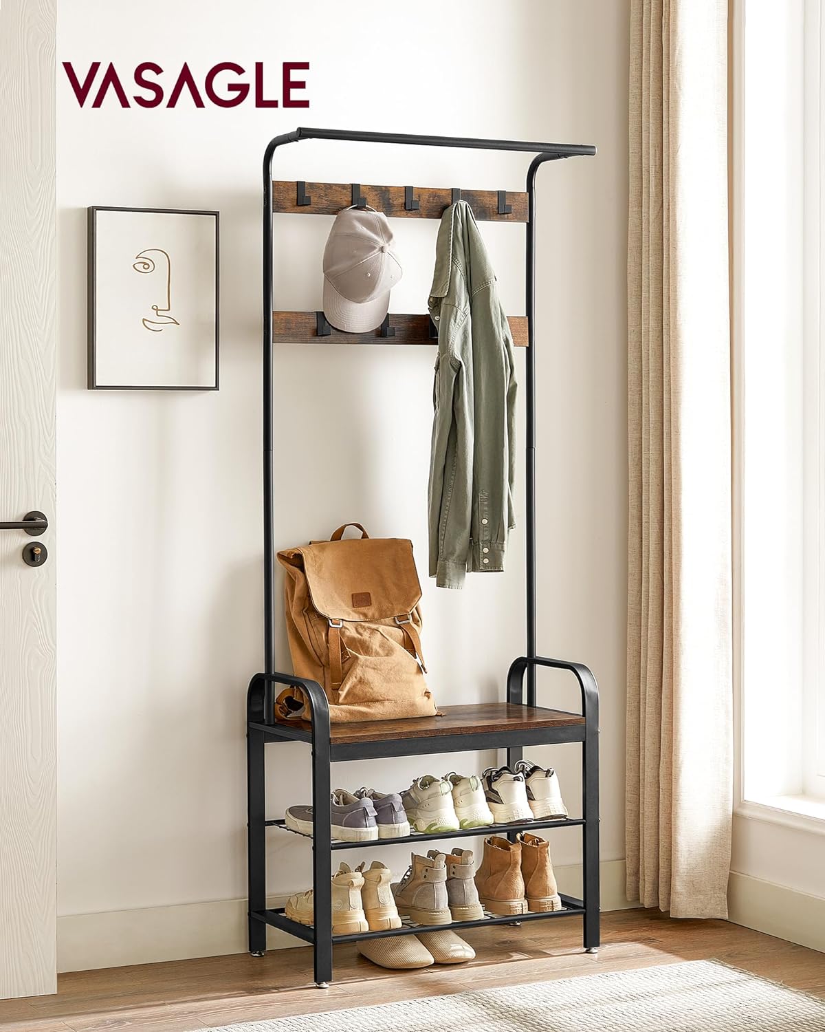 VASAGLE Shoe Bench, Storage Bench with Cupboard and 9 Open Compartments, Shoe Shelf, Padded Seat, Barn Door, 11.8 x 43.3 x 18.9 Inches, Rustic Brown ULHS058X01
