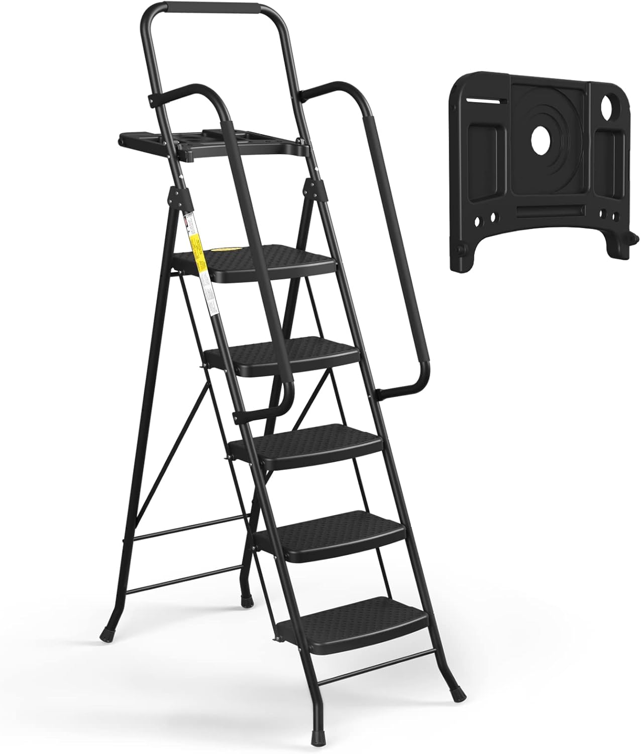 HBTower 5 Step Ladder, Folding Step Stool with Wide Anti-Slip Pedal, Sturdy Steel Ladder, Convenient Handrail, Lightweight, Portable Steel Step Stool