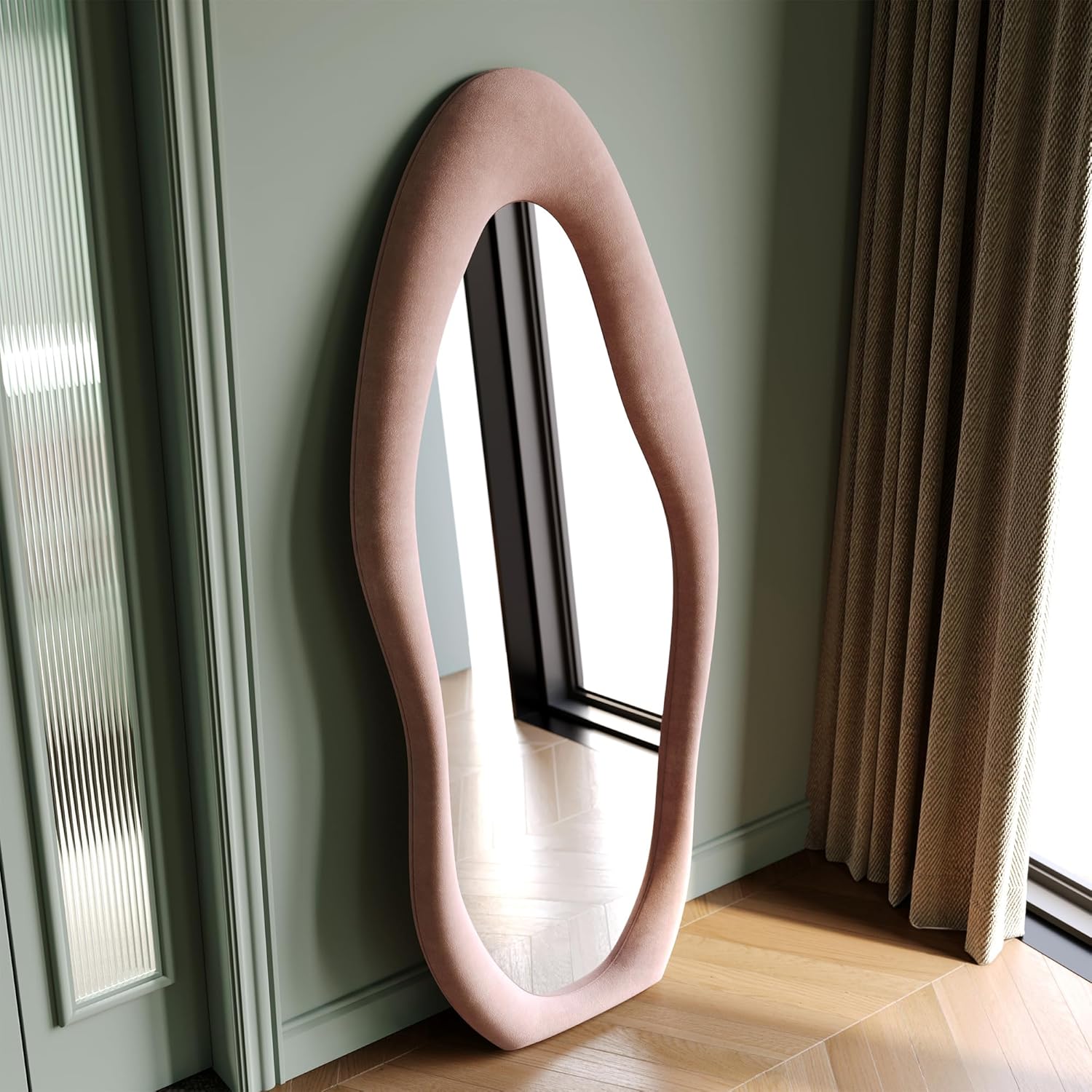 Honyee Full Length Mirror, 63" x 24" Wall Mirror, Flannel Wrapped Wooden Frame Full Body Mirror, Irregular Wavy Mirror Hanging or Leaning Against Wall for Cloakroom/Bedroom/Living Room, Ivory White