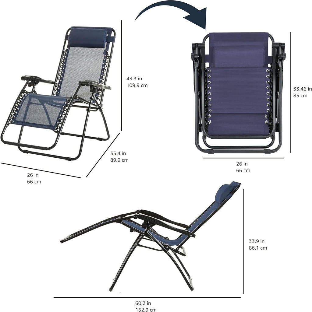 Basics Outdoor Textilene Adjustable Zero Gravity Folding Reclining Lounge Chair with Pillow, 26", Navy Blue