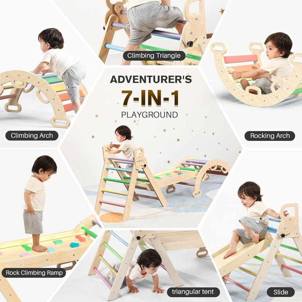 BlueWood Pikler Triangle Set 7in1 Foldable Baby Climbing Wooden Toys with Arch&Ramp&Ladder Climber Indoor Jungle Gyms for Toddlers - Natural Wood