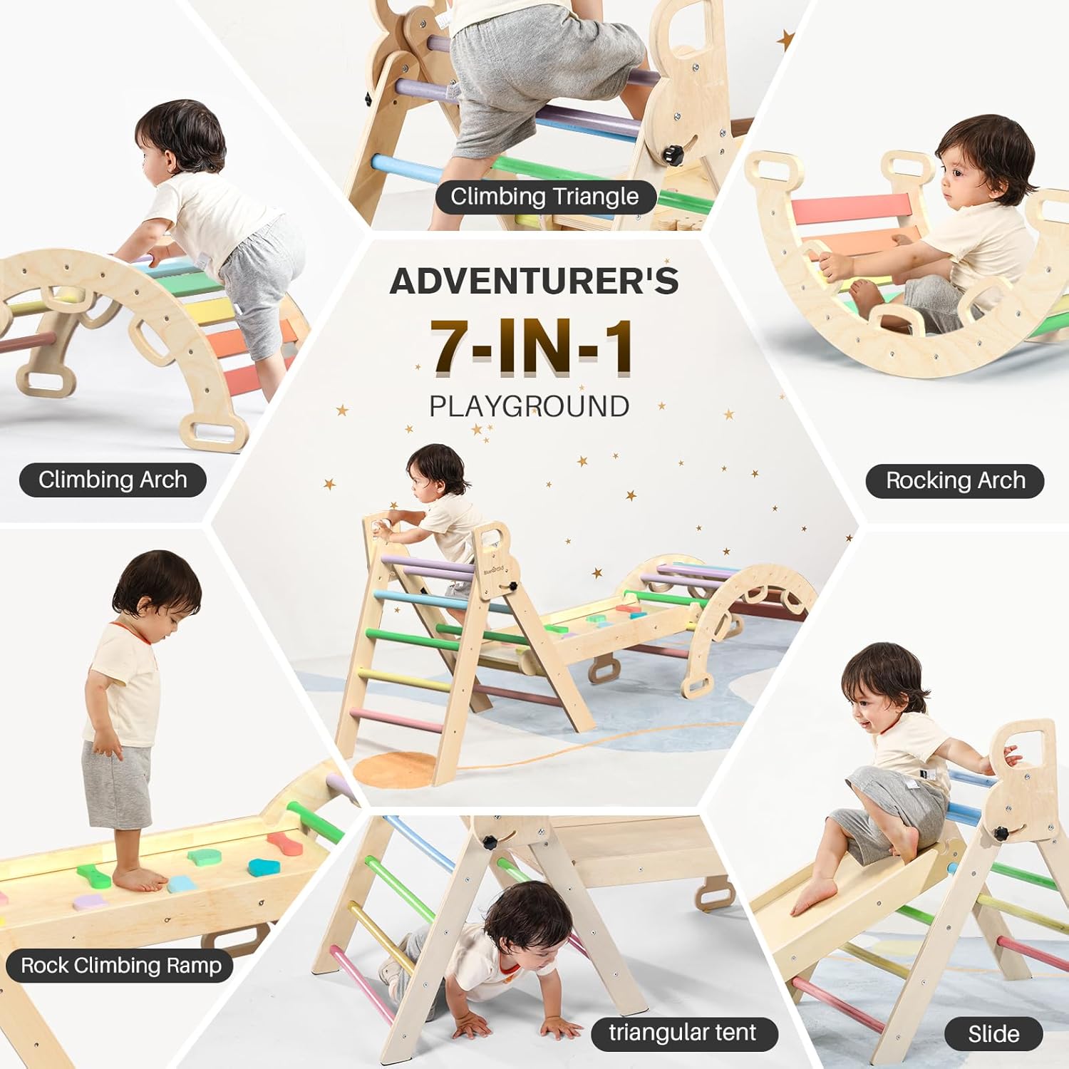 BlueWood Pikler Triangle Set 7in1 Foldable Baby Climbing Wooden Toys with Arch&Ramp&Ladder Climber Indoor Jungle Gyms for Toddlers - Natural Wood
