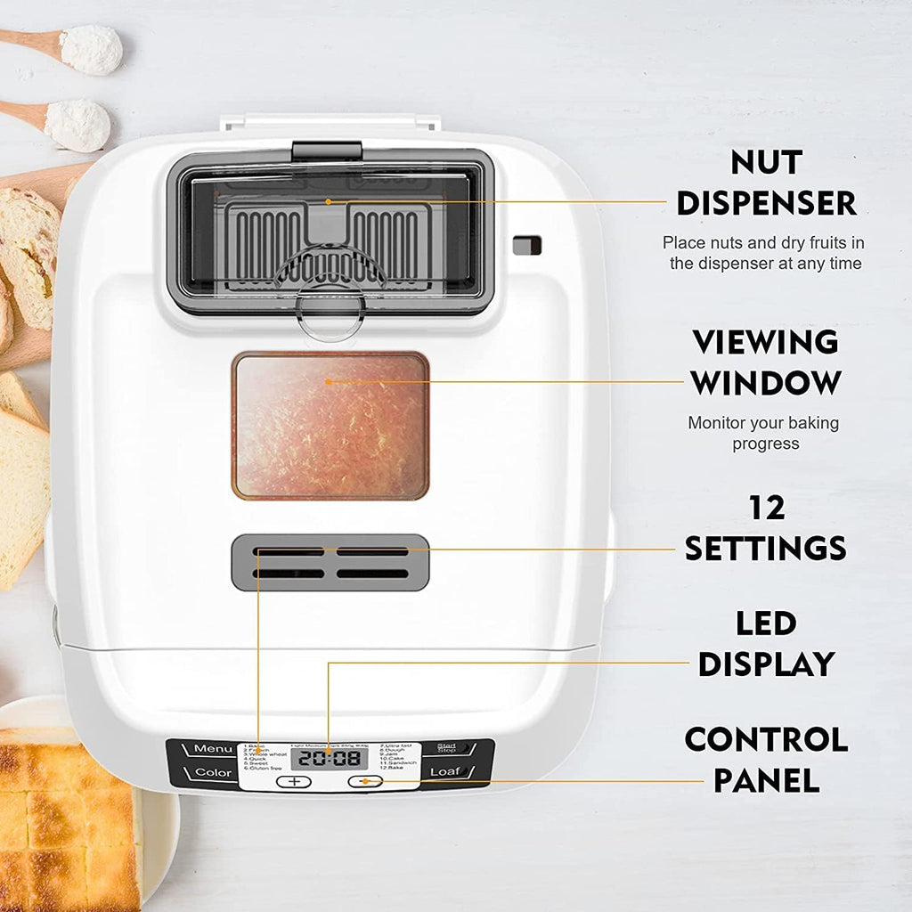 Bread Machine,with 12 Presets,Gluten-Free Setting,Auto Fruit Nut Dispenser & Nonstick Pan,2 Loaf Sizes,13H Reserve & 1H Keep Warm (White)