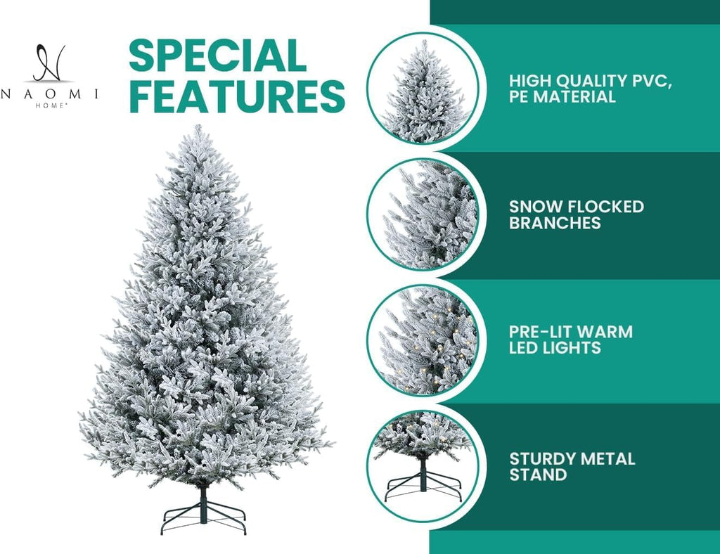 Naomi Home 6.5ft Rustic Christmas Tree with Lights, Realistic Classic Prelit with 2595 Branch Tips, 600 Warm Lights and Metal Stand, Aritificial Tree