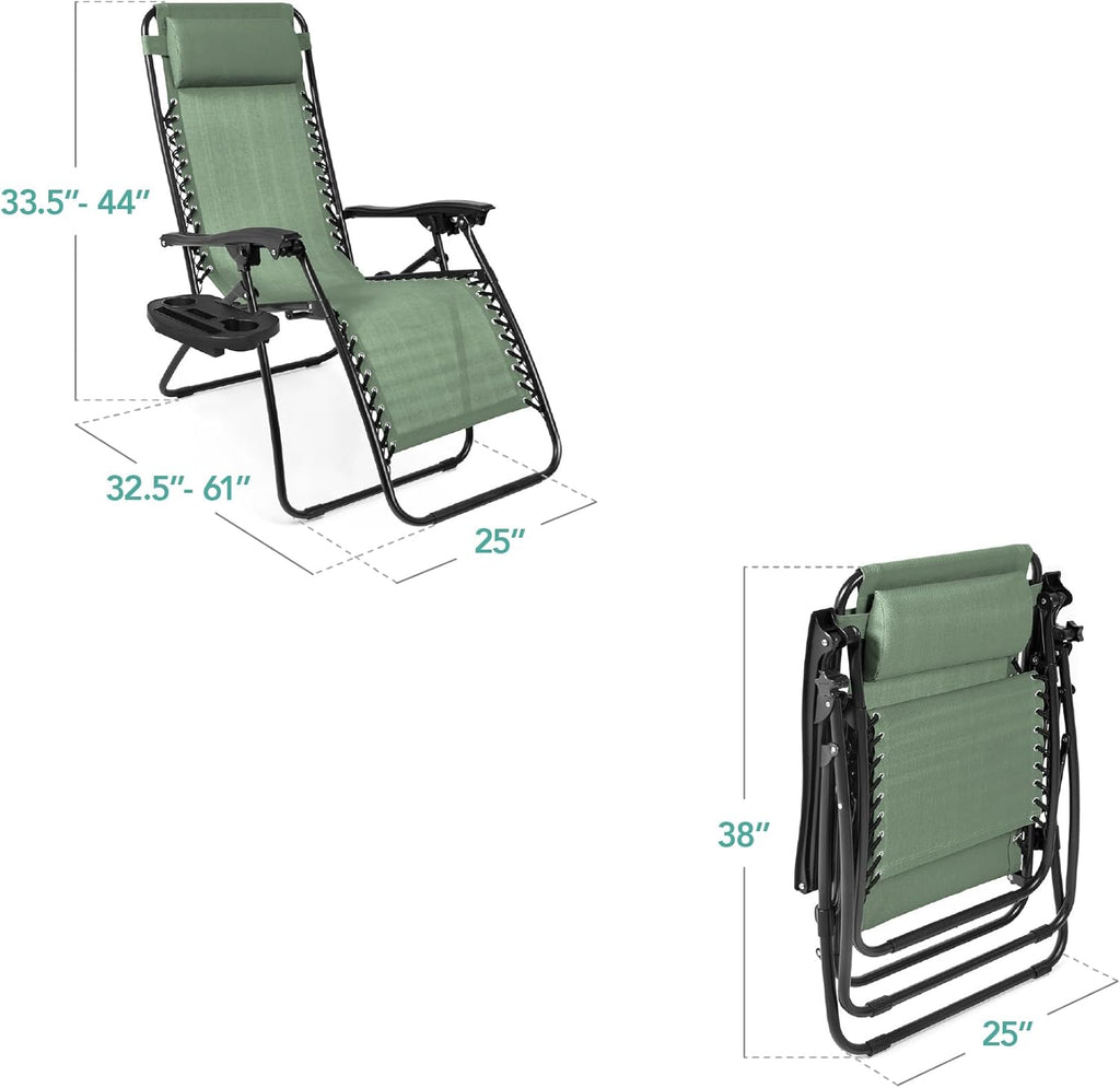 Best Choice Products Set of 2 Adjustable Steel Mesh Zero Gravity Lounge Chair Recliners w/Pillows and Cup Holder Trays - Beige