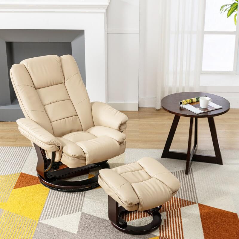 Contemporary Multi-Position Recliner and Curved Ottoman with Swivel Base
