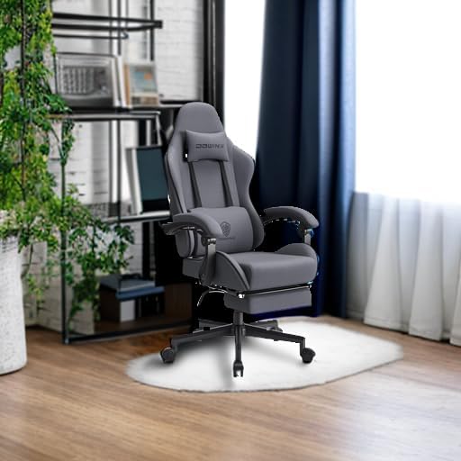 Dowinx Gaming Chair Fabric with Pocket Spring Cushion, Massage Game Chair Cloth with Headrest, Ergonomic Computer Chair with Footrest 290LBS, Blue and Grey
