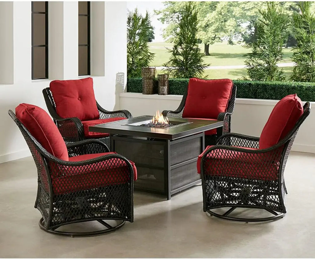 2025 New Hanover Orleans 5-Piece Steel Patio Fire Pit Conversation Set with Cushions, Swivel Gliders and Square Fire Pit Table