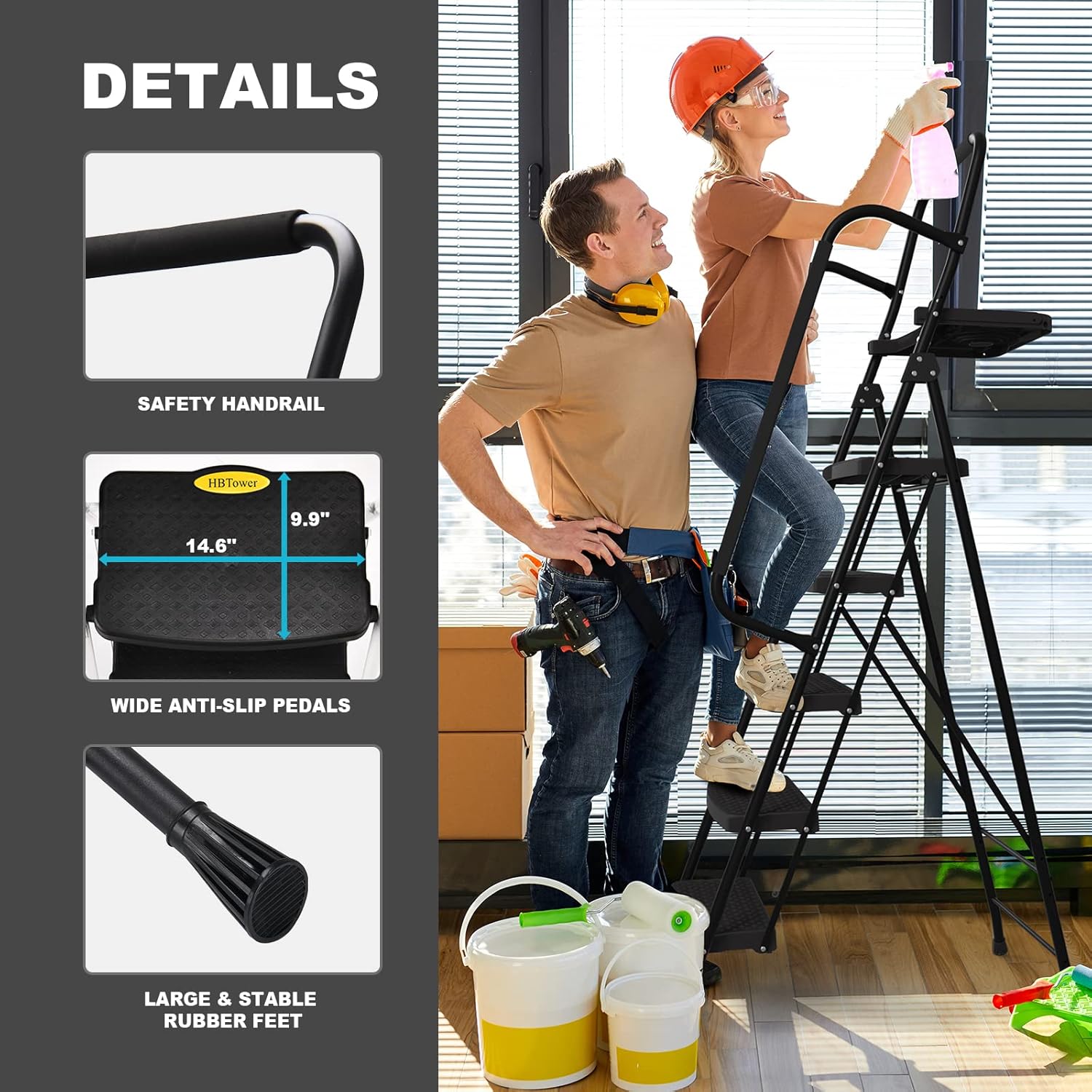 HBTower 5 Step Ladder, Folding Step Stool with Wide Anti-Slip Pedal, Sturdy Steel Ladder, Convenient Handrail, Lightweight, Portable Steel Step Stool