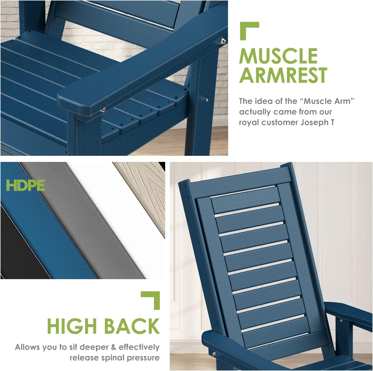 GREENVINES Outdoor Rocking Chairs | Set of 2 | Porch Rocker | HDPE Plastic | Black | Oversized Rockers | High Back | Big & Tall | Ladder Back | for Patio Outside Backyard Balcony Garden