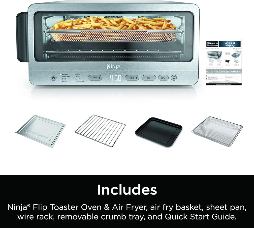 Ninja SP101 Digital Air Fry Countertop Oven with 8-in-1 Functionality, Flip Up & Away Capability for Storage Space, with Air Fry Basket, Wire Rack & Crumb Tray, Silver