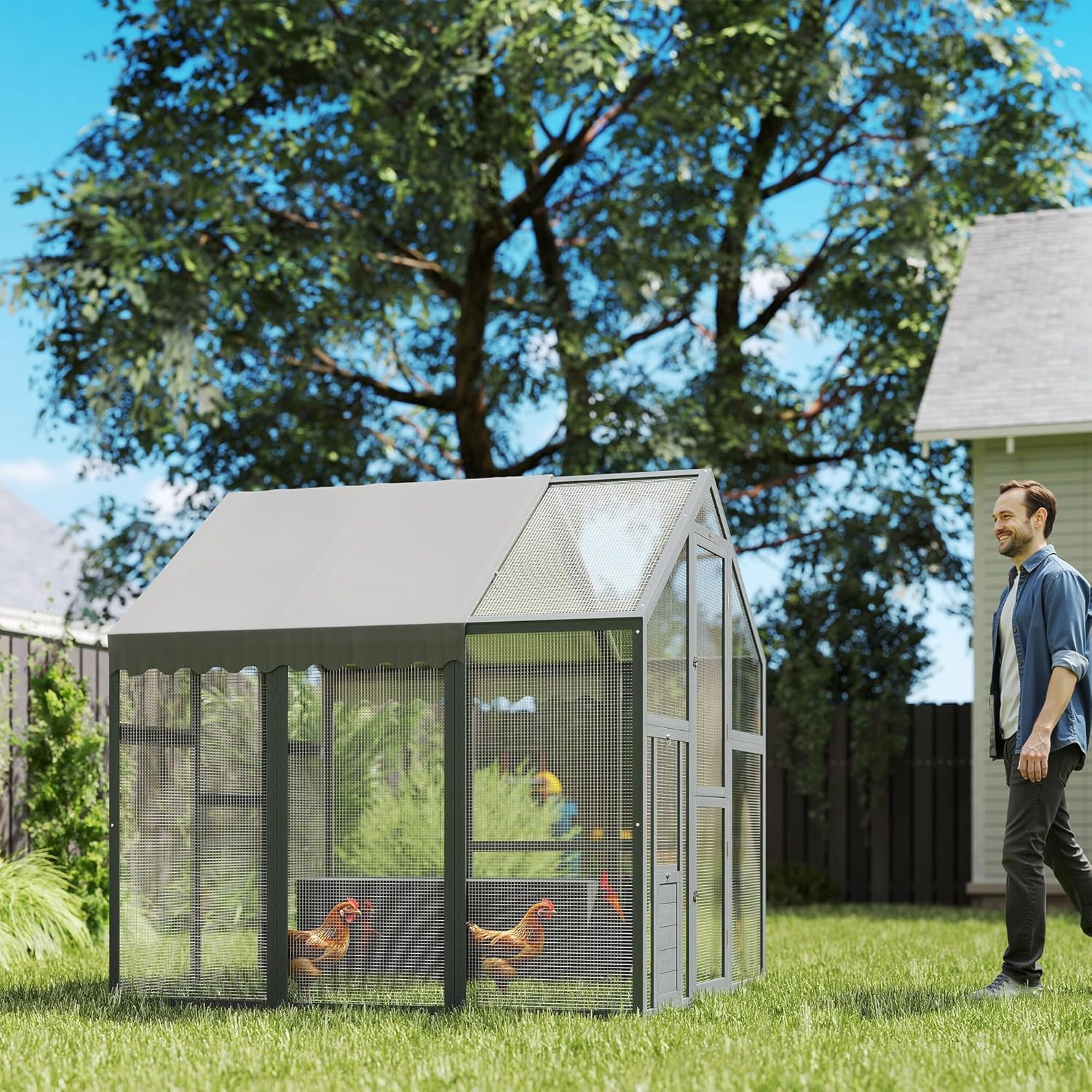 PawHut Large Chicken Run, Wooden Chicken Coop with Waterproof & Anti-UV Cover, Split Door, 4 Nesting Boxes, Roosting Bar, Walk-in Chicken Pen for 8-12 Chickens, for Backyard, Farm, 9' x 6' x 6'