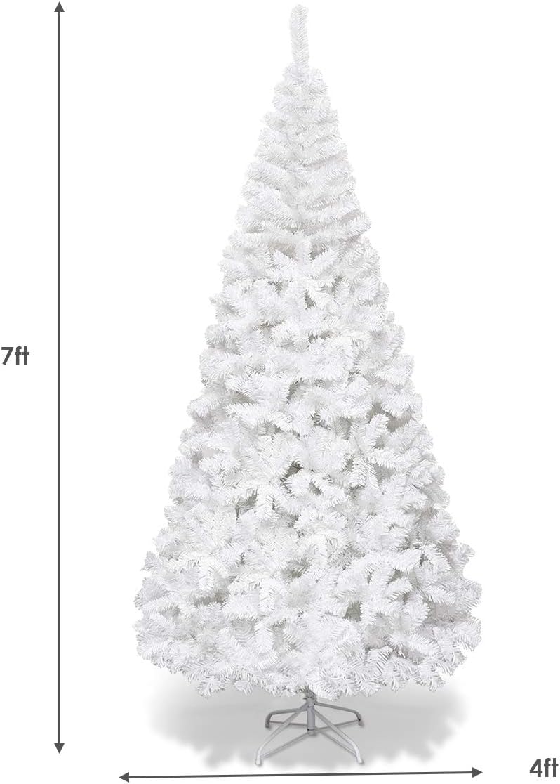 Goplus 7ft Artificial White Christmas Tree Xmas Pine Tree with Solid Metal Legs Perfect for Indoor and Outdoor Holiday Decoration
