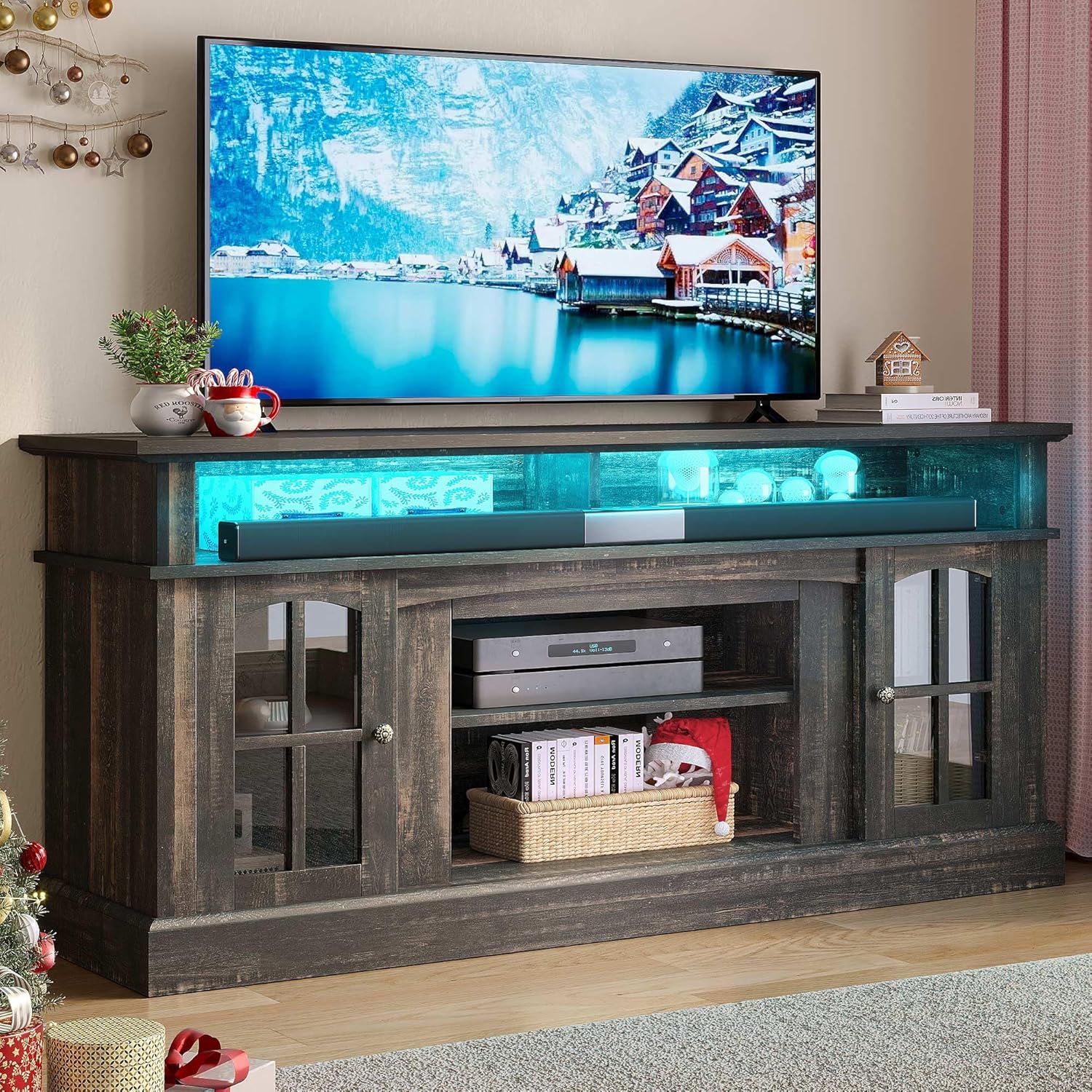 LED Farmhouse TV Stand for TV up to 75" w/Outlets, Highboy Media Entertainment Center Console Table Adjustable Storage Shelves &Cabinet Glass Door for 400lbs for Living Room