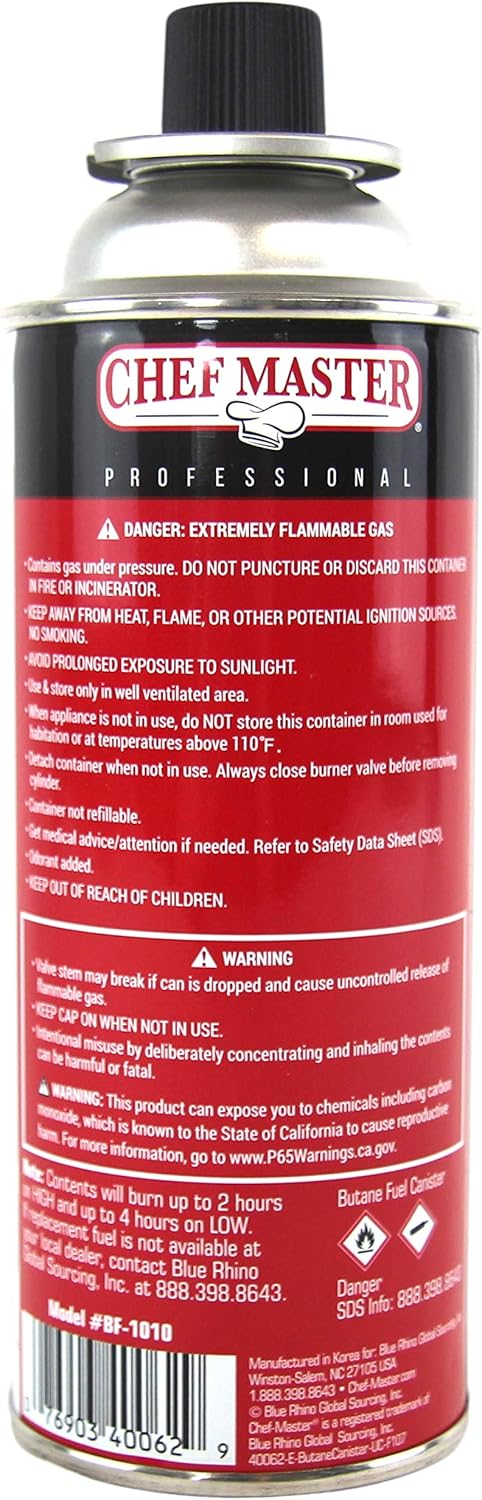 72 x 8oz. Butane Fuel Canister, Butane Fuel Refill for Butane Camp Stove, Kitchen Torch, Butane Tin Can for Portable Stove for Emergencies, Cooking, Grilling, Picnic & Camping by Chef Master 90340
