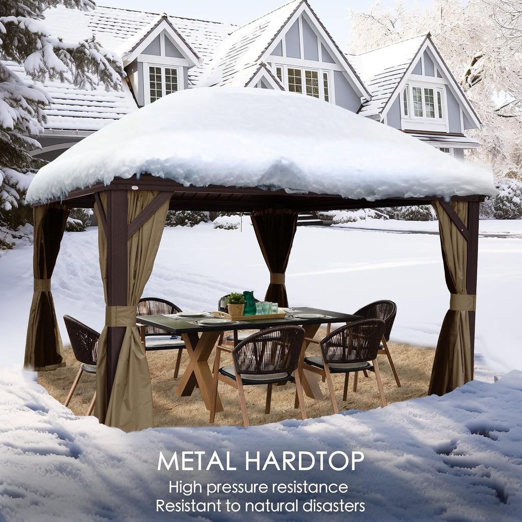 Kozyard Alexander 10' X 12' Hardtop, Aluminum Metal Gazebo with Galvanized Steel Double Roof Canopy, Curtain and Netting, Permanent Pavilion for Patio, Backyard, Deck, Lawn (Gray)