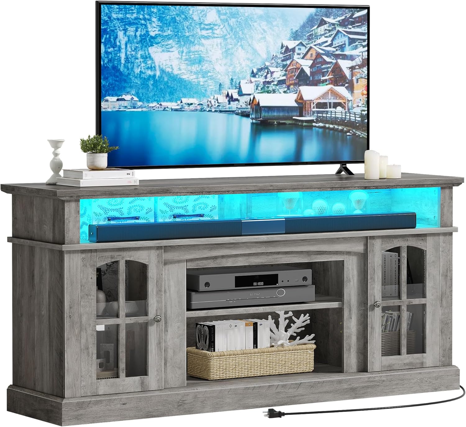 LED Farmhouse TV Stand for TV up to 75" w/Outlets, Highboy Media Entertainment Center Console Table Adjustable Storage Shelves &Cabinet Glass Door for 400lbs for Living Room