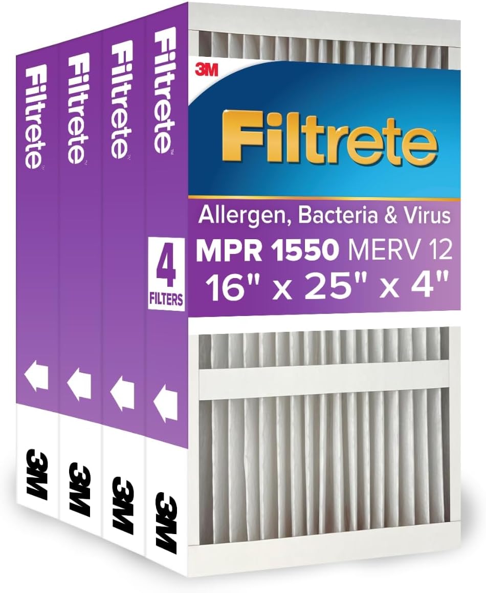 Filtrete 20x25x4 AC Furnace Air Filter, MPR 1550, MERV 12, Fits Lennox & Honeywell, Allergen, Bacteria & Virus, , Electrostatic Air Cleaning Filter, 4-Pack (actual size 19.88 x 24.63 x 4.31)