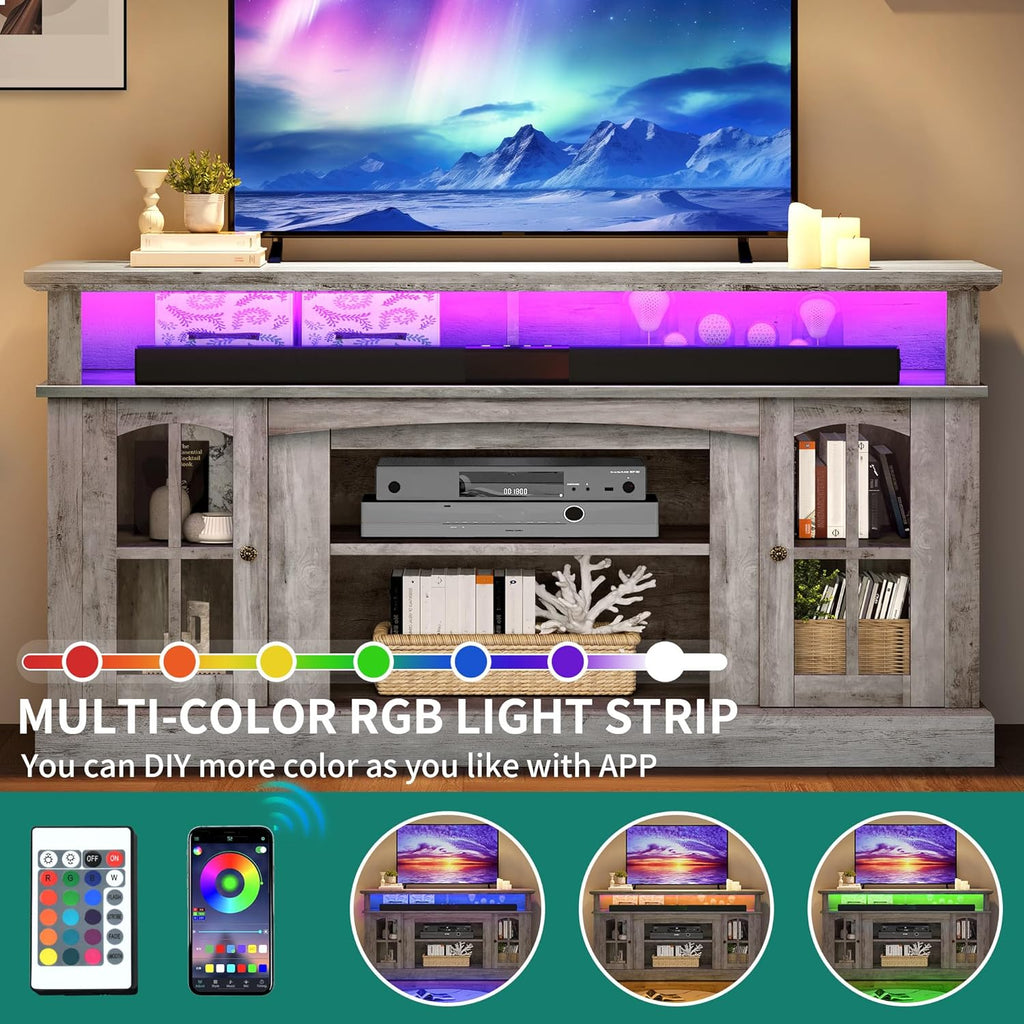 LED Farmhouse TV Stand for TV up to 75" w/Outlets, Highboy Media Entertainment Center Console Table Adjustable Storage Shelves &Cabinet Glass Door for 400lbs for Living Room
