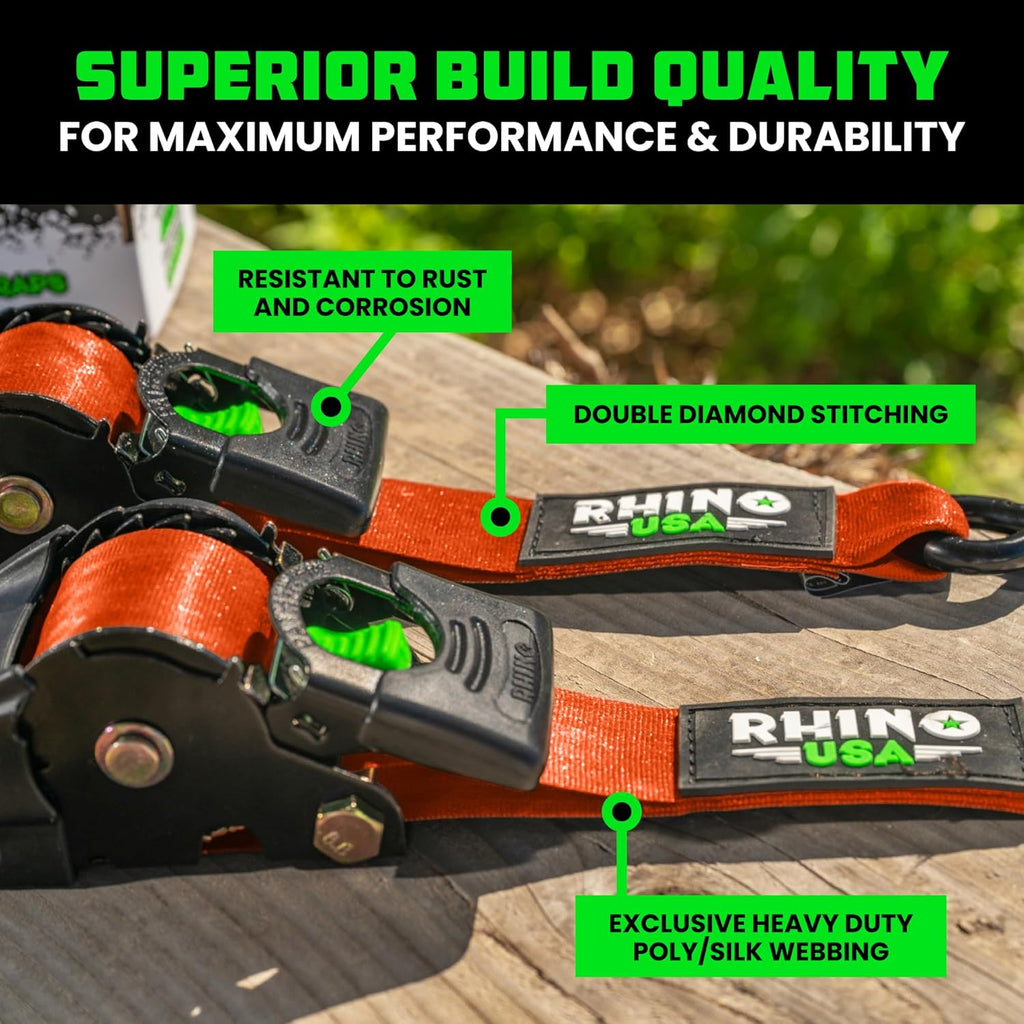 Rhino USA Retractable Ratchet Straps (2-Pack) - 2 Inch x 10 Feet (3,033lb Break Strength) - Heavy Duty Auto Self Retracting Tie Down Straps for Truck, Cargo Trailer, Motorcycle, Rad & More - Orange
