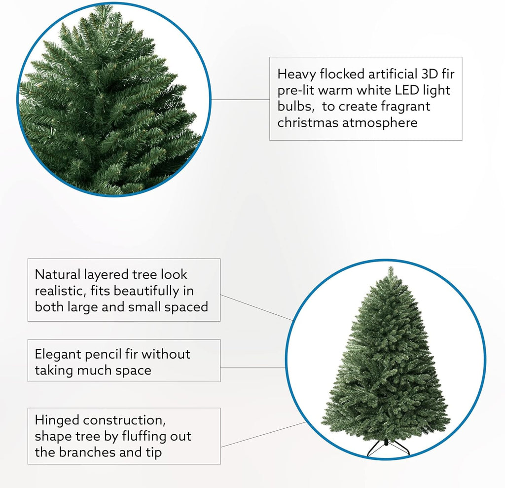Naomi Home 6.5ft Rustic Christmas Tree with Lights, Realistic Classic Prelit with 2595 Branch Tips, 600 Warm Lights and Metal Stand, Aritificial Tree