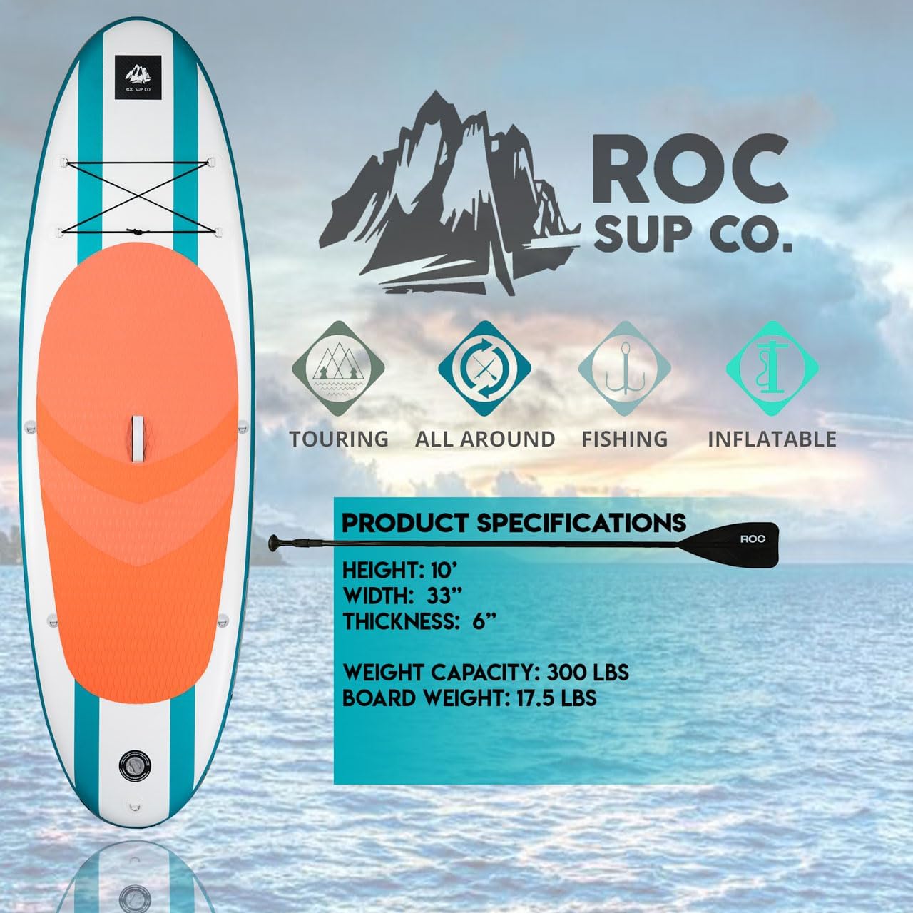 Roc Inflatable Stand Up Paddle Boards with Premium SUP Paddle Board Accessories, Wide Stable Design, Non-Slip Comfort Deck for Youth & Adults (Aqua W/Kayak Seat)