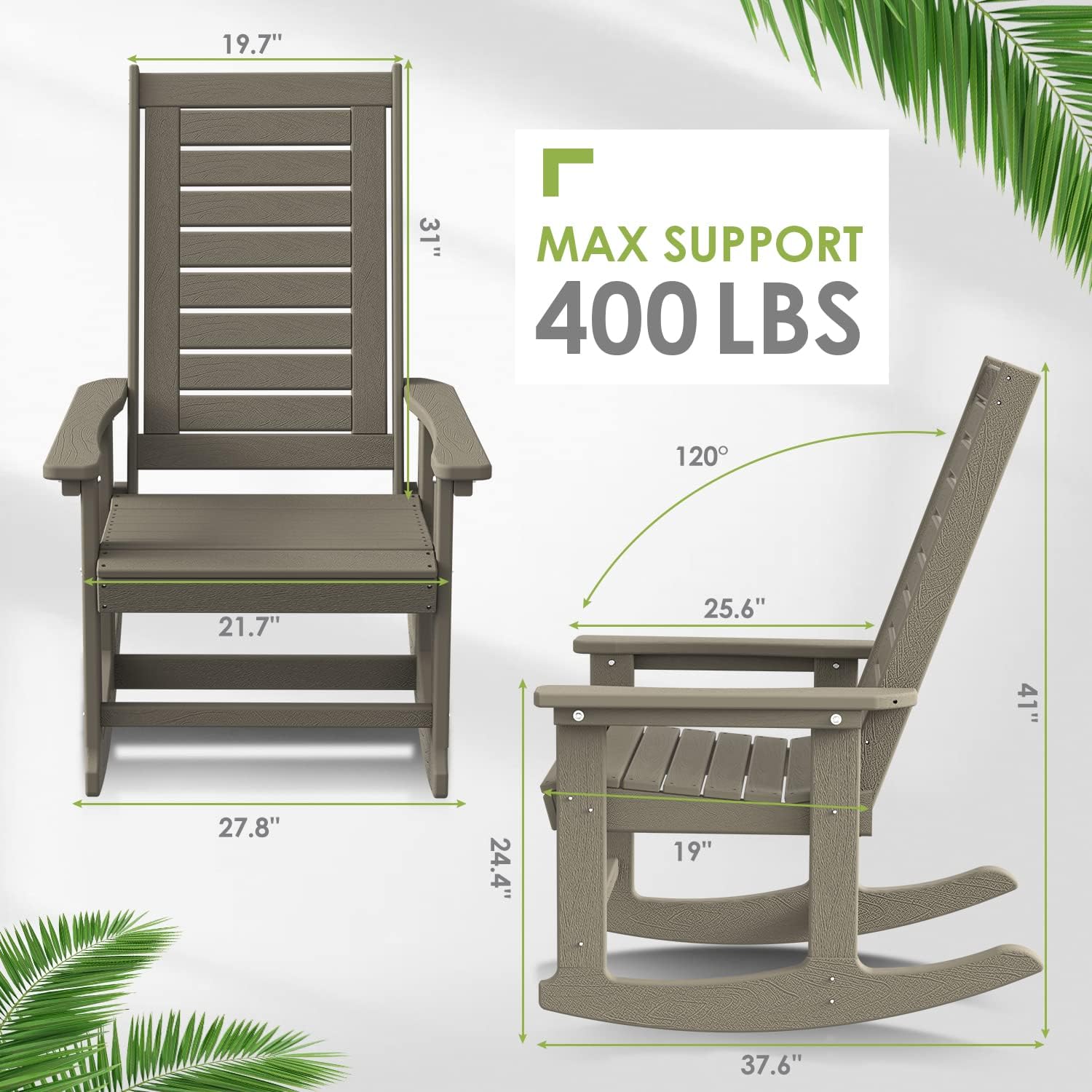 GREENVINES Outdoor Rocking Chairs | Set of 2 | Porch Rocker | HDPE Plastic | Black | Oversized Rockers | High Back | Big & Tall | Ladder Back | for Patio Outside Backyard Balcony Garden