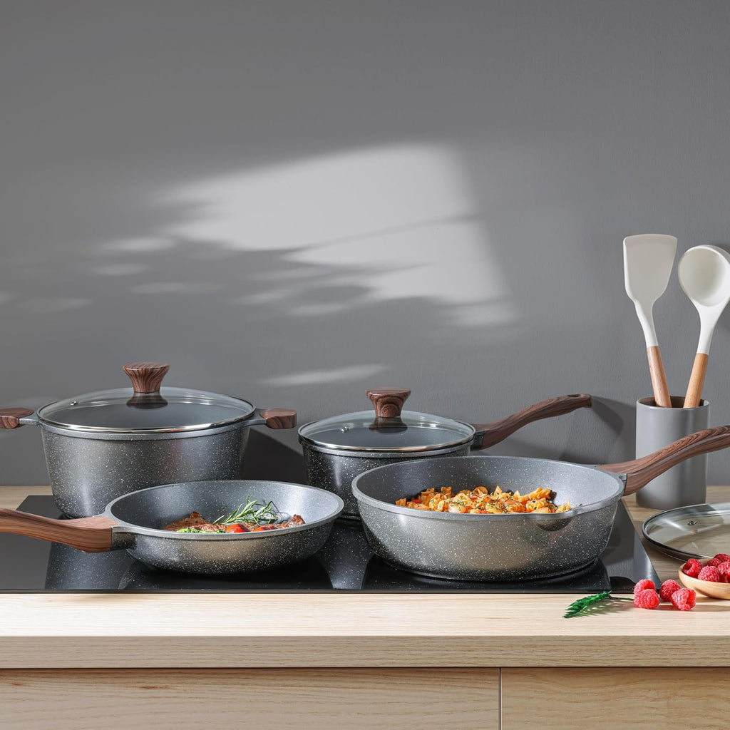 SENSARTE Nonstick Cookware Set 13-Piece, Healthy Pots and Pans Set Non-toxic Kitchen Cooking Set with Granite Coating, Stay-Cool Handles, Silicone Utensils and Pot Protectors, PFOA Free