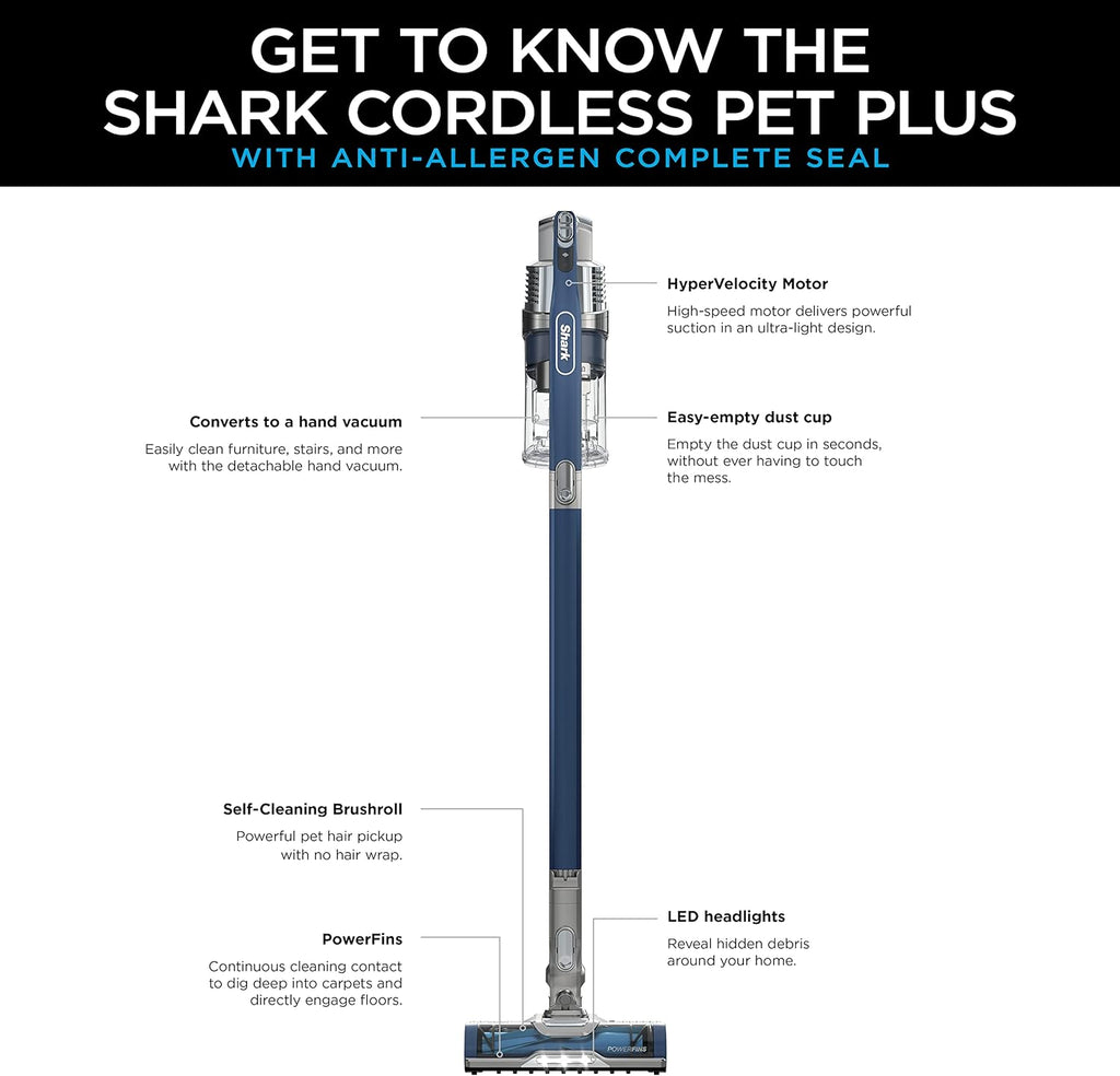 Shark Pet Cordless Stick Vacuum with XL Dust Cup, LED Headlights, Removable Handheld Vac, Crevice Tool, Portable Vacuum for Household Pet Hair, Carpet and Hard Floors, 40min Runtime, Grey, IX141