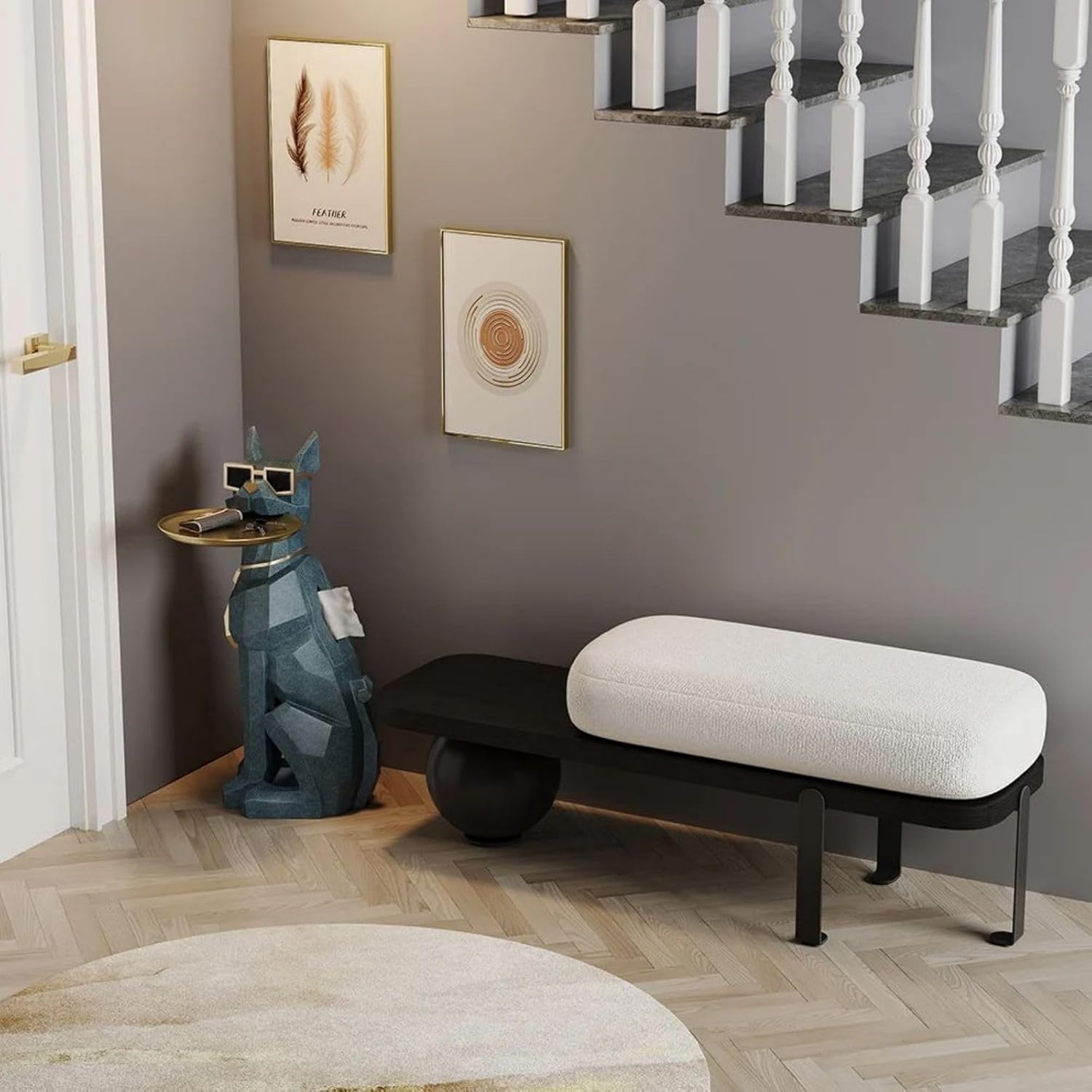 homary Modern Resin Dog Sculpture Geometric Standing Statue Cute End Side Table with Metal Storage Tray Tissue Box (White)